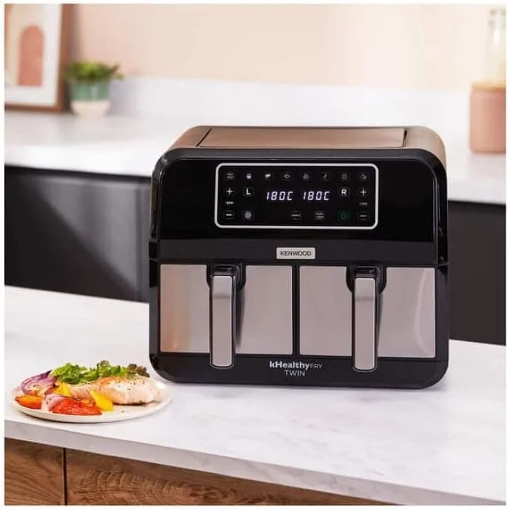سرخ کن بدون روغن دوقلو کنوود مدل kHealthy Fry Twin Airfryer HFM20,000MB، ظرفیت 8 لیتر (2x4 لیتر)، محفظه دوتایی، 8 برنامه، عملکرد پخت دوگانه و پایان همزمان، صفحه نمایش لمسی، نچسب، 200 درجه سانتیگراد، تایمر (تا 60 دقیقه) و 24 ساعت