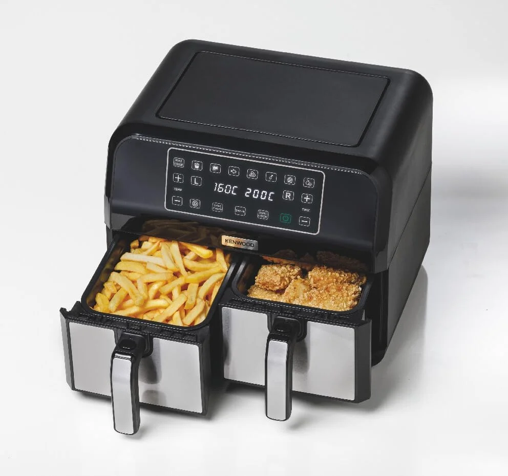سرخ کن بدون روغن دوقلو کنوود مدل kHealthy Fry Twin Airfryer HFM20,000MB، ظرفیت 8 لیتر (2x4 لیتر)، محفظه دوتایی، 8 برنامه، عملکرد پخت دوگانه و پایان همزمان، صفحه نمایش لمسی، نچسب، 200 درجه سانتیگراد، تایمر (تا 60 دقیقه) و 24 ساعت