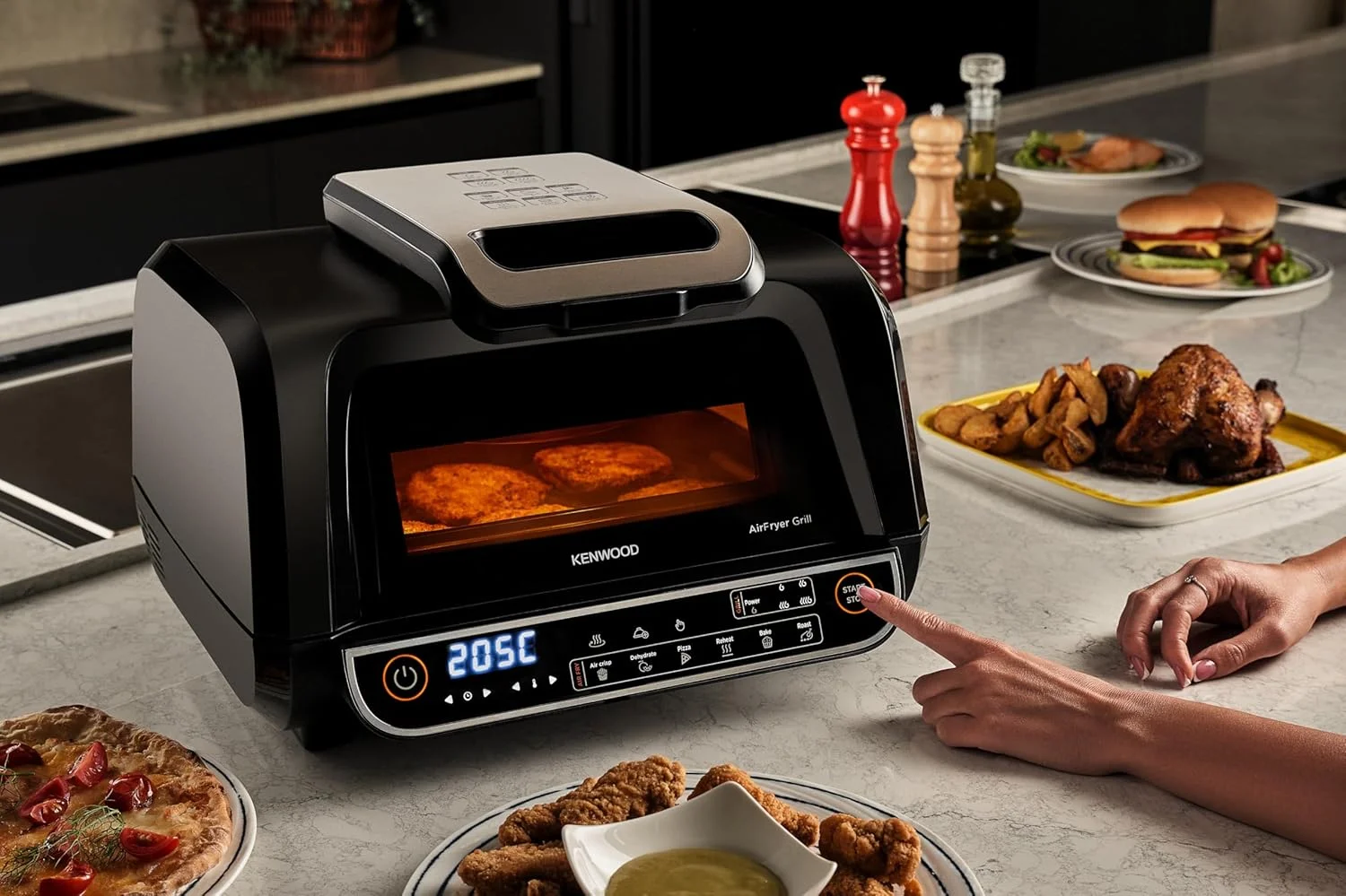 گریل و سرخ کن هوا Kenwood مدل 2 در 1 (سرخ کن هوا + گریل) با سبد XXXL 8 لیتری، 4 سطح گریل، 8 عملکرد از پیش تعیین شده - گریل، ترد هوایی، برشته کردن، پخت، پیتزا، گرم کردن مجدد، خشک کردن و عملکرد دستی مدل GHF40.000BK مشکی