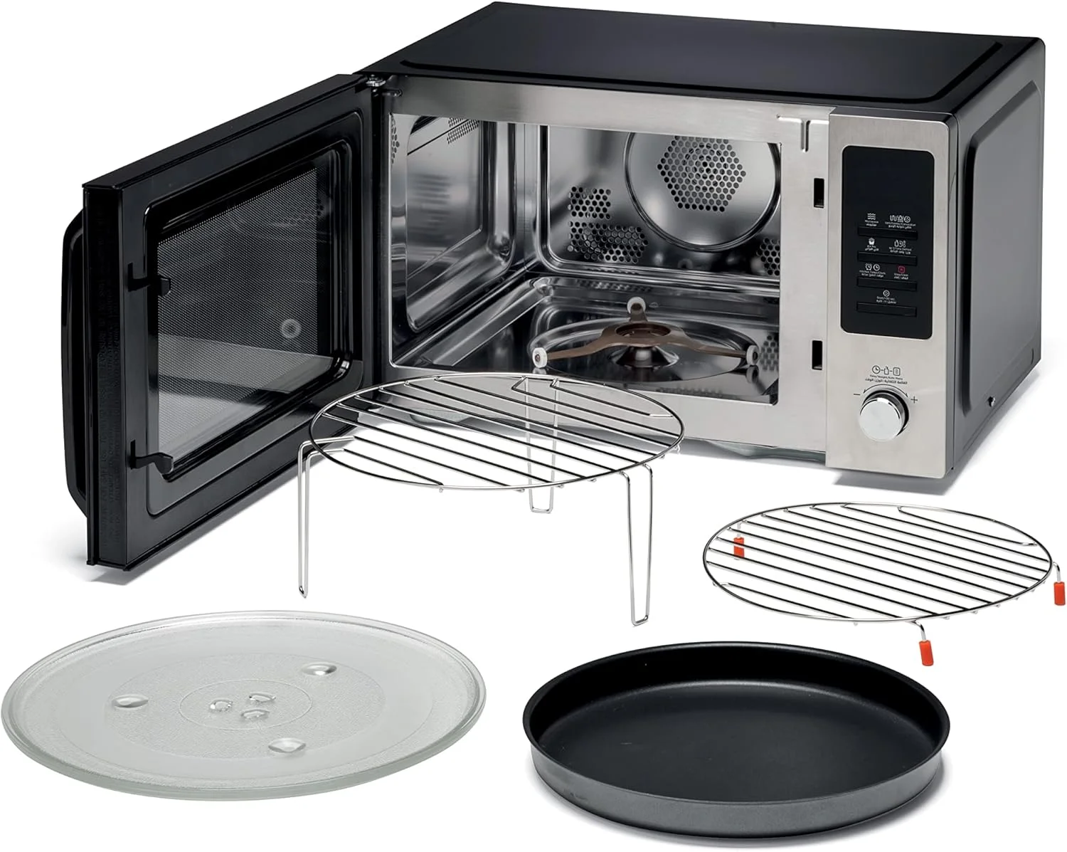 مایکروویو 4 در 1 کنوود 30 لیتری + سرخ کن هوا + گریل + کانوکشن با 19 برنامه از پیش تعیین شده، صفحه نمایش دیجیتال، 5 سطح قدرت، عملکرد یخ زدایی، تایمر 95 دقیقه ای، عملکرد ساعت 1000 وات MWA30.000BK مشکی/نقره ای