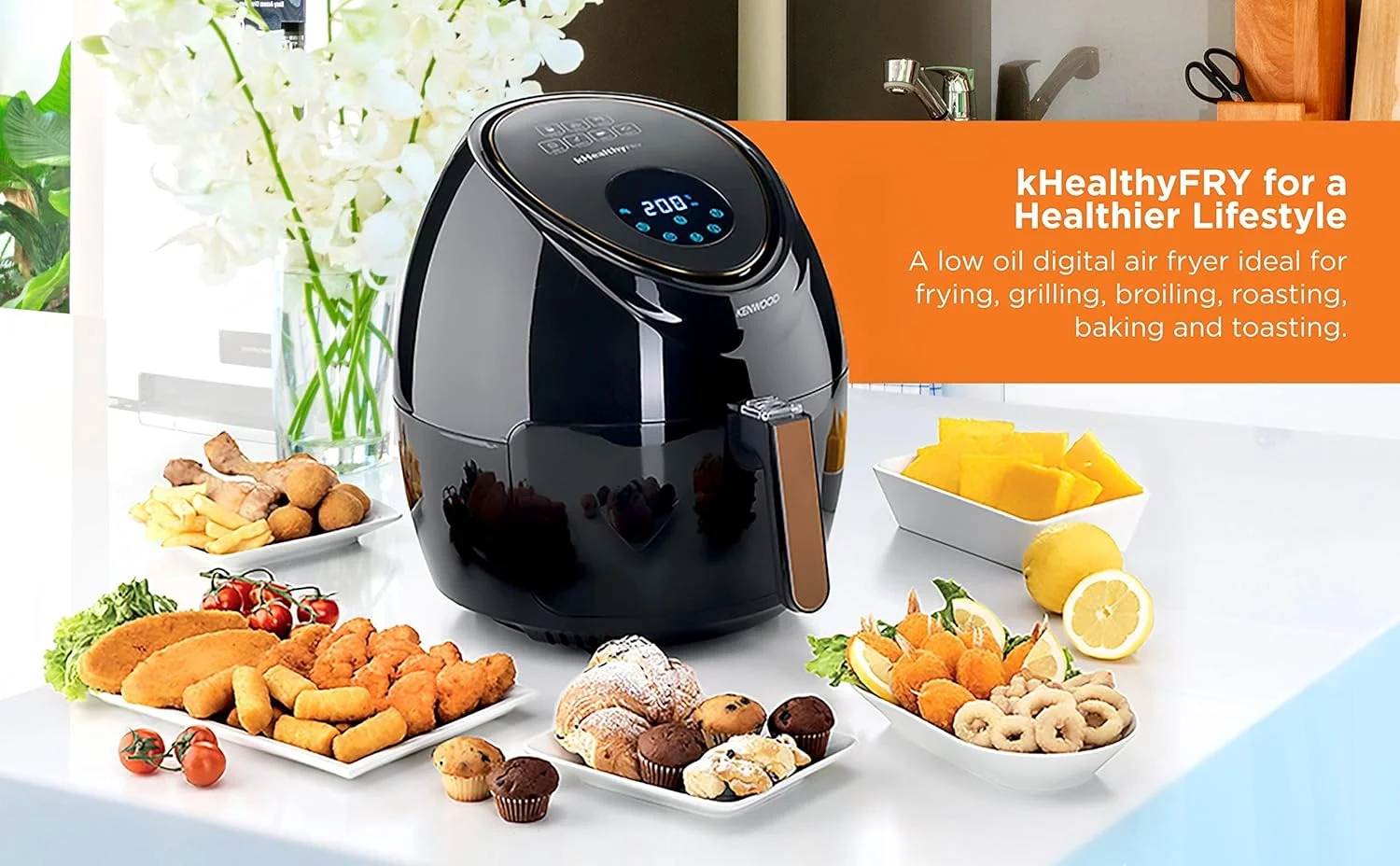سرخ کن هوا دیجیتال کنوود kHealthyFrY مدل XXL با ظرفیت 5.5 لیتر و 2.4 کیلوگرم، پخت و پز سالم در تمام طول روز، فقط با یک قاشق روغن، دارای صفحه نمایش لمسی، محدوده دمایی قابل تنظیم گسترده HFP50.000BK - دارای گارانتی بین المللی