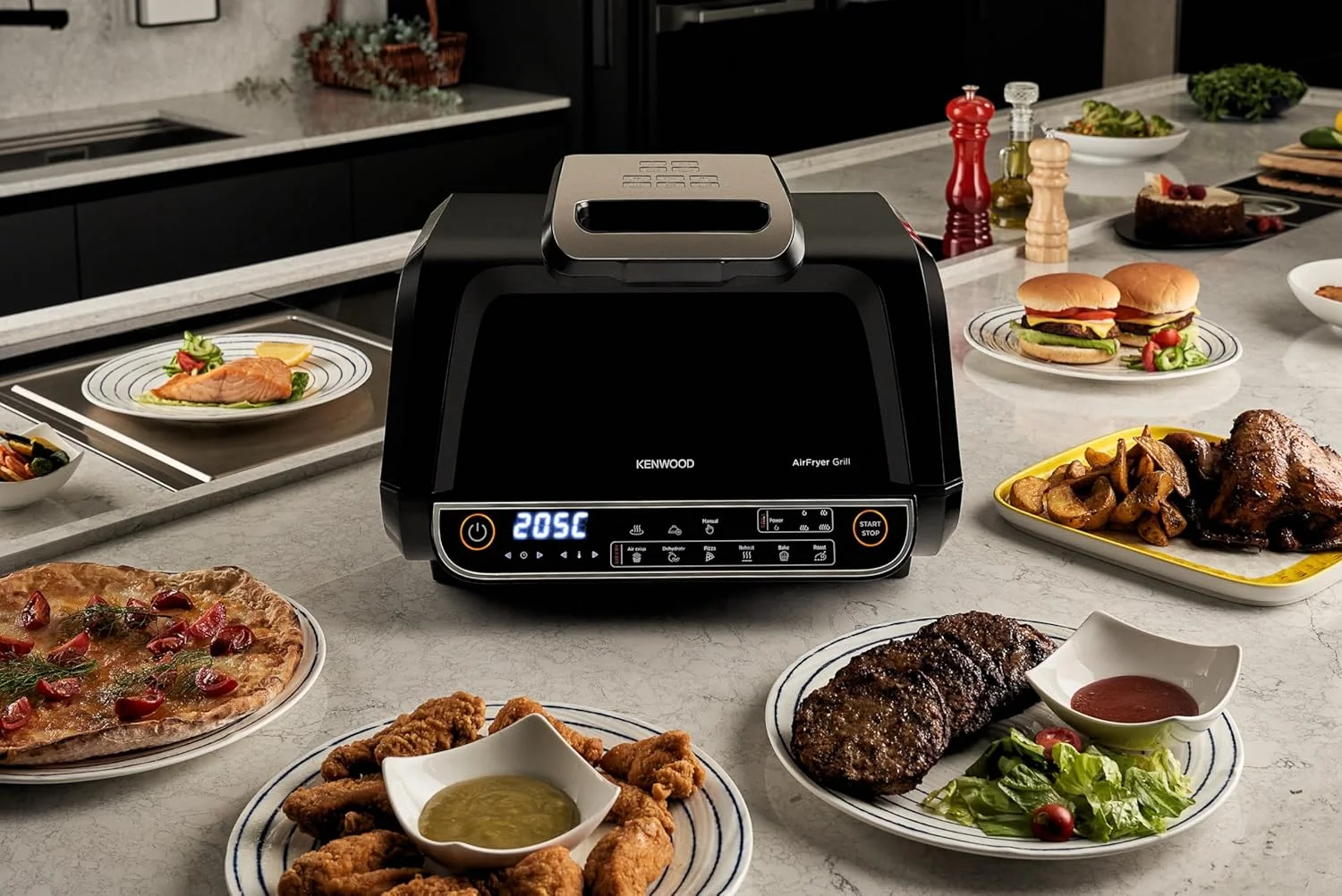 گریل و سرخ کن هوا Kenwood مدل 2 در 1 (سرخ کن هوا + گریل) با سبد XXXL 8 لیتری، 4 سطح گریل، 8 عملکرد از پیش تعیین شده - گریل، ترد هوایی، برشته کردن، پخت، پیتزا، گرم کردن مجدد، خشک کردن و عملکرد دستی مدل GHF40.000BK مشکی