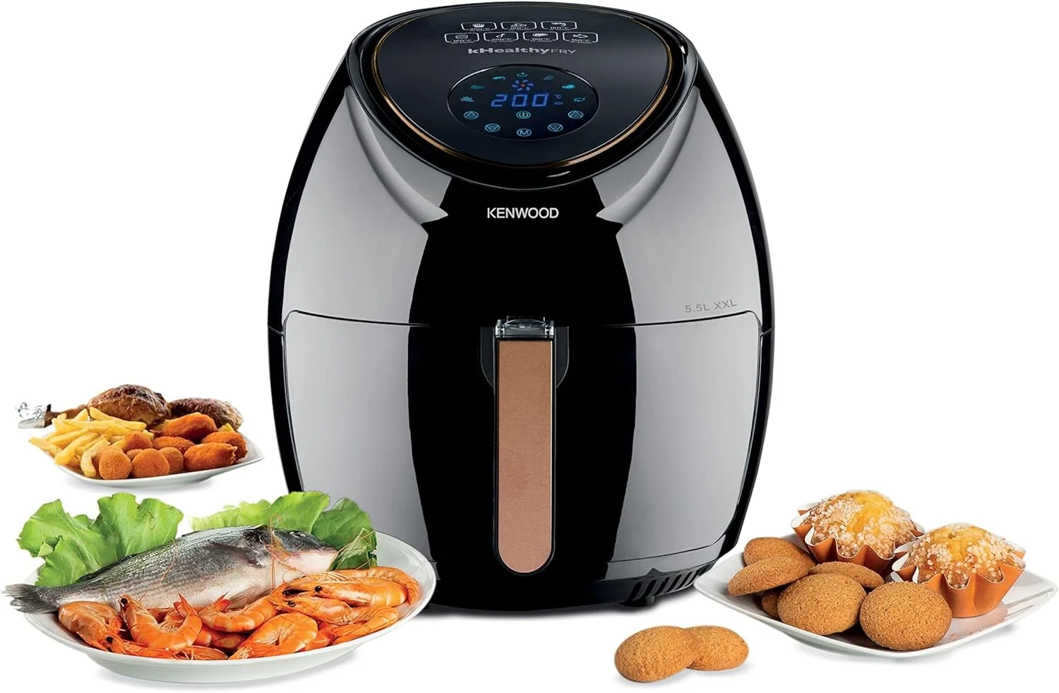 سرخ کن هوا دیجیتال کنوود kHealthyFrY مدل XXL با ظرفیت 5.5 لیتر و 2.4 کیلوگرم، پخت و پز سالم در تمام طول روز، فقط با یک قاشق روغن، دارای صفحه نمایش لمسی، محدوده دمایی قابل تنظیم گسترده HFP50.000BK - دارای گارانتی بین المللی