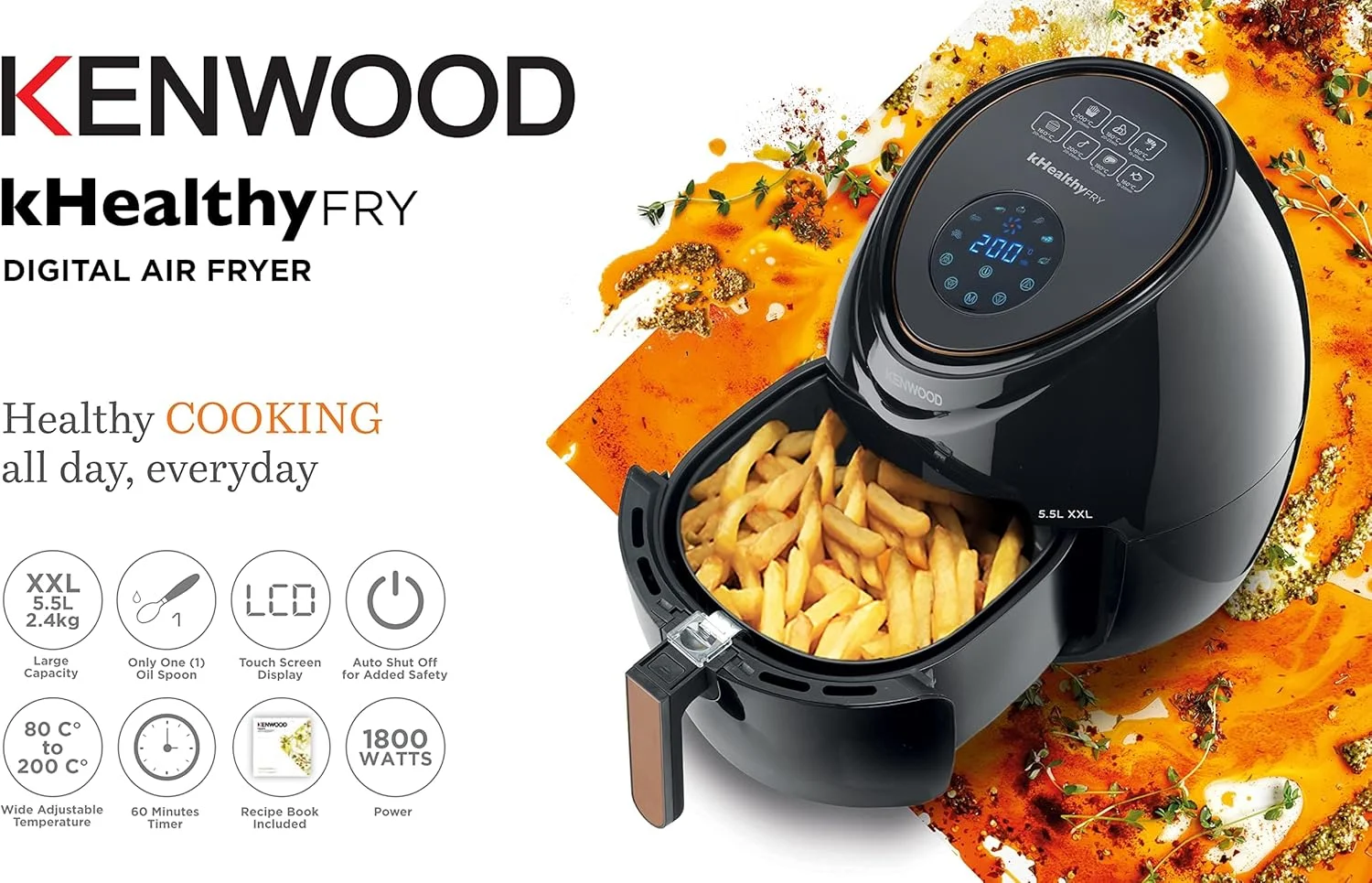 سرخ کن هوا دیجیتال کنوود kHealthyFrY مدل XXL با ظرفیت 5.5 لیتر و 2.4 کیلوگرم، پخت و پز سالم در تمام طول روز، فقط با یک قاشق روغن، دارای صفحه نمایش لمسی، محدوده دمایی قابل تنظیم گسترده HFP50.000BK - دارای گارانتی بین المللی