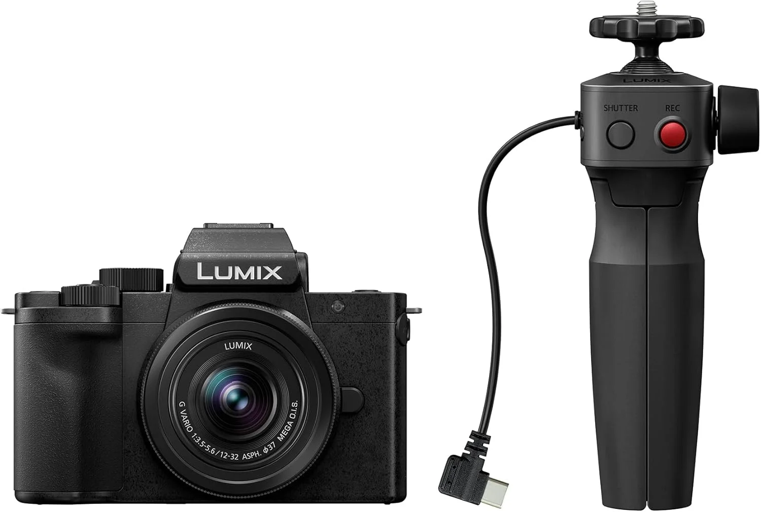 دوربین بدون آینه پاناسونیک Lumix DC-G100DVEGK Micro Four Thirds به همراه لنز Lumix G Vario 12-32mm F3.5-5.6 و دسته سه پایه DMW-SHGR2، 20.3 مگاپیکسل، فیلمبرداری 4K 30p/FHD 60، دوربین Vlog، شارژ USB-C، مشکی