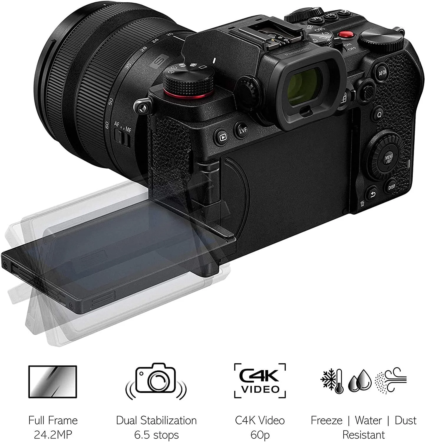 دوربین بدون آینه فول فریم پاناسونیک LUMIX DC-S5GR-KIT S5، ضبط ویدیو 4K 60P با صفحه نمایش چرخان و Wi-Fi، مانت L، لرزشگیر دوگانه 5 محوره، (مشکی) و گریپ مخصوص ولاگینگ [اختصاصی آمازون]