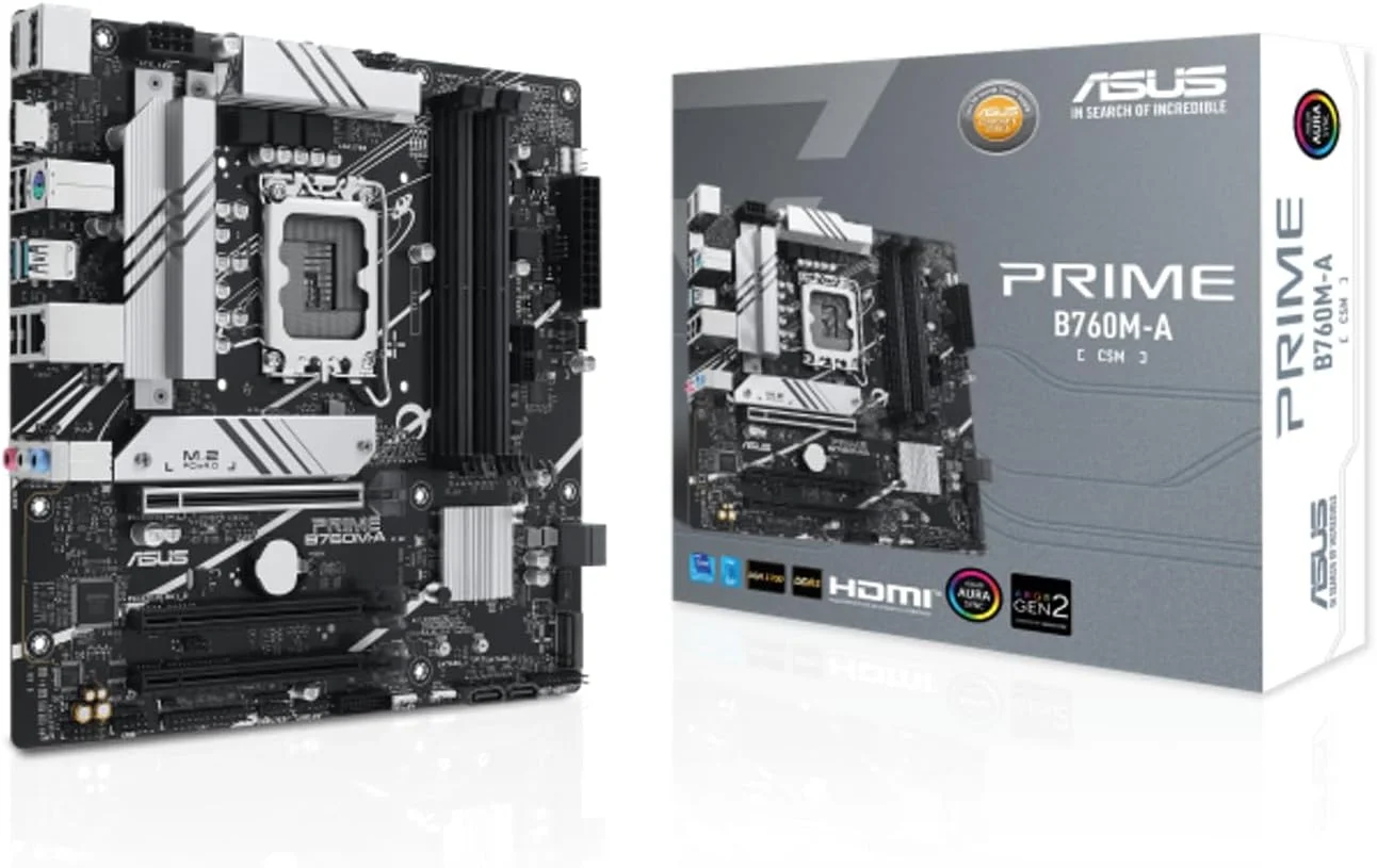 مادربرد تجاری ایسوس Prime B760M-A-CSM سوکت اینتل LGA 1700 (اینتل B760، mATX، حافظه DDR5، 2x PCIe 4.0 M.2، Aura Sync)