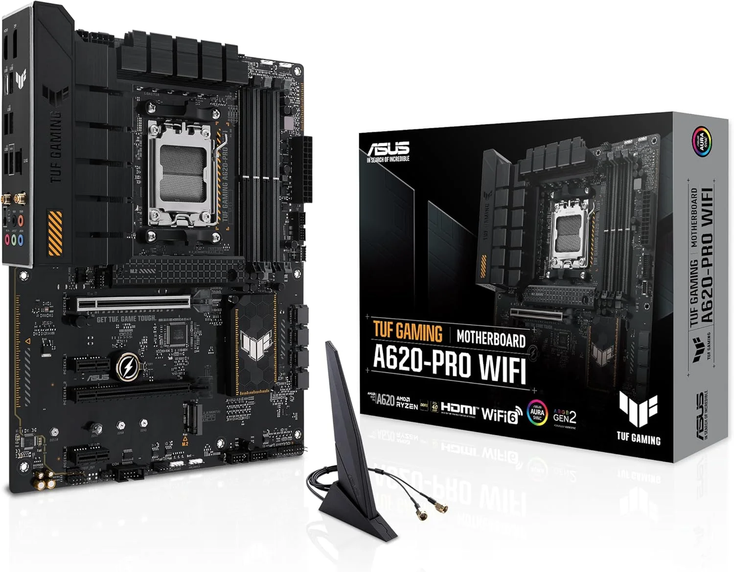 مادربرد ایسوس TUF Gaming A620-PRO WIFI AMD A620 AM5 DDR5 6400 DP HDMI Dual M2 USB3.2 AX WiFi + BT AURA RGB 2.5Gbit LAN ATX با فاز قدرت 12+2 و محافظت ایسوس TUF
