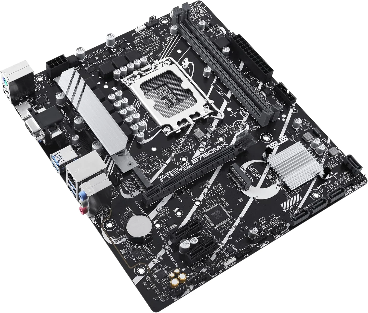 مادربرد ASUS Prime B760M-K، اینتل B760 LGA 1700 mATX با PCIe 4.0، دو اسلات PCIe 4.0 M.2، DDR5، Realtek 2.5Gb Ethernet، VGA، HDMI، SATA 6 Gbps، USB 3.2 Gen 1 جلو، Aura Sync - مشکی