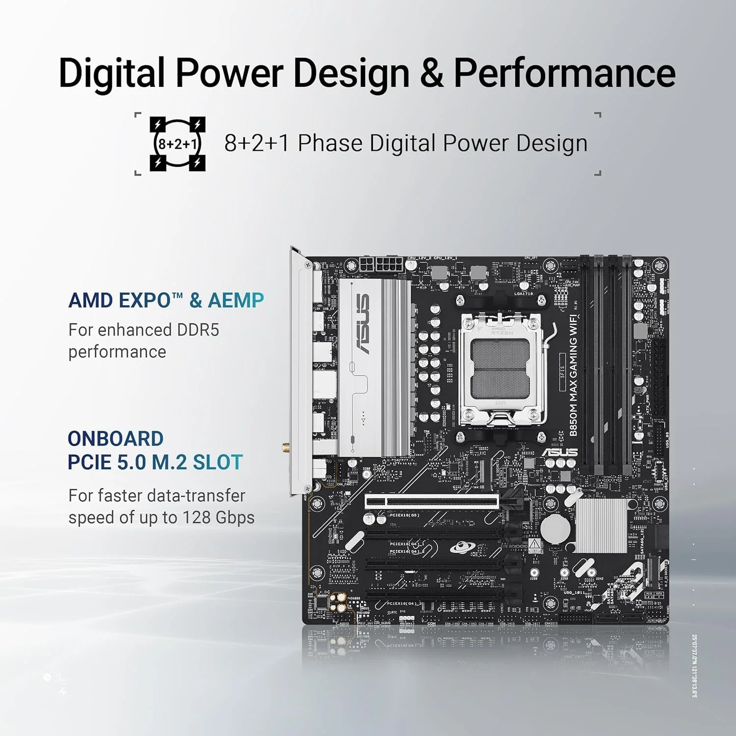 مادربرد ایسوس TUF GAMING B850M-E WIFI – سوکت AM5، چیپست B850، وای فای، Micro-ATX مادربرد ایسوس TUF GAMING B850M-E WIFI – سوکت AM5، چیپست B850، وای فای، Micro-ATX