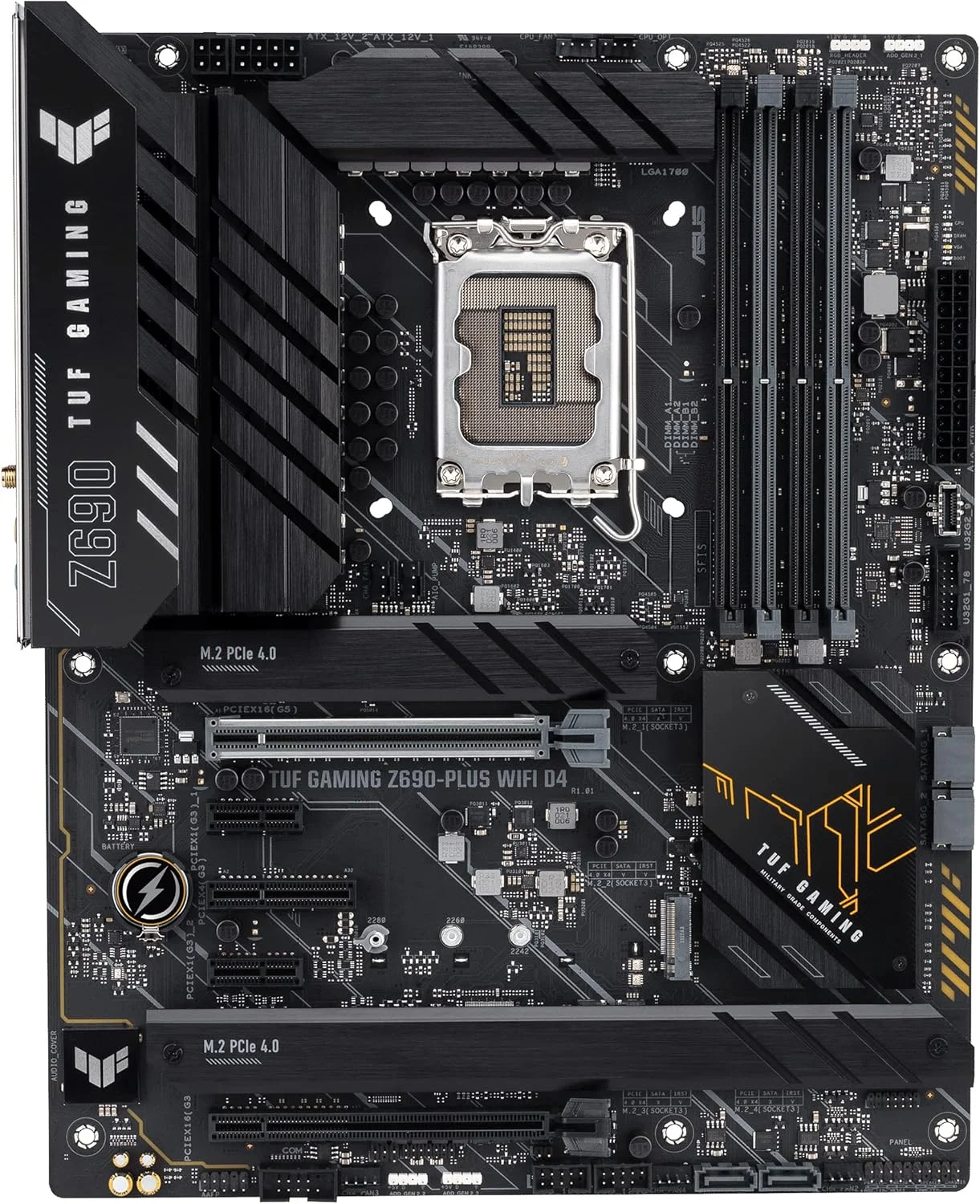 مادربرد گیمینگ ایسوس TUF Gaming Z690 Plus WiFi D4 LGA1700 اینتل نسل دوازدهم ATX، PCIe 5.0، DDR4، 4xM.2/NVMe SSD، 14+2 مرحله قدرت، WiFi 6، LAN 2.5 گیگابیتی، USB 3.2 Gen 2 Type C جلویی، هدرهای ARGB - مشکی