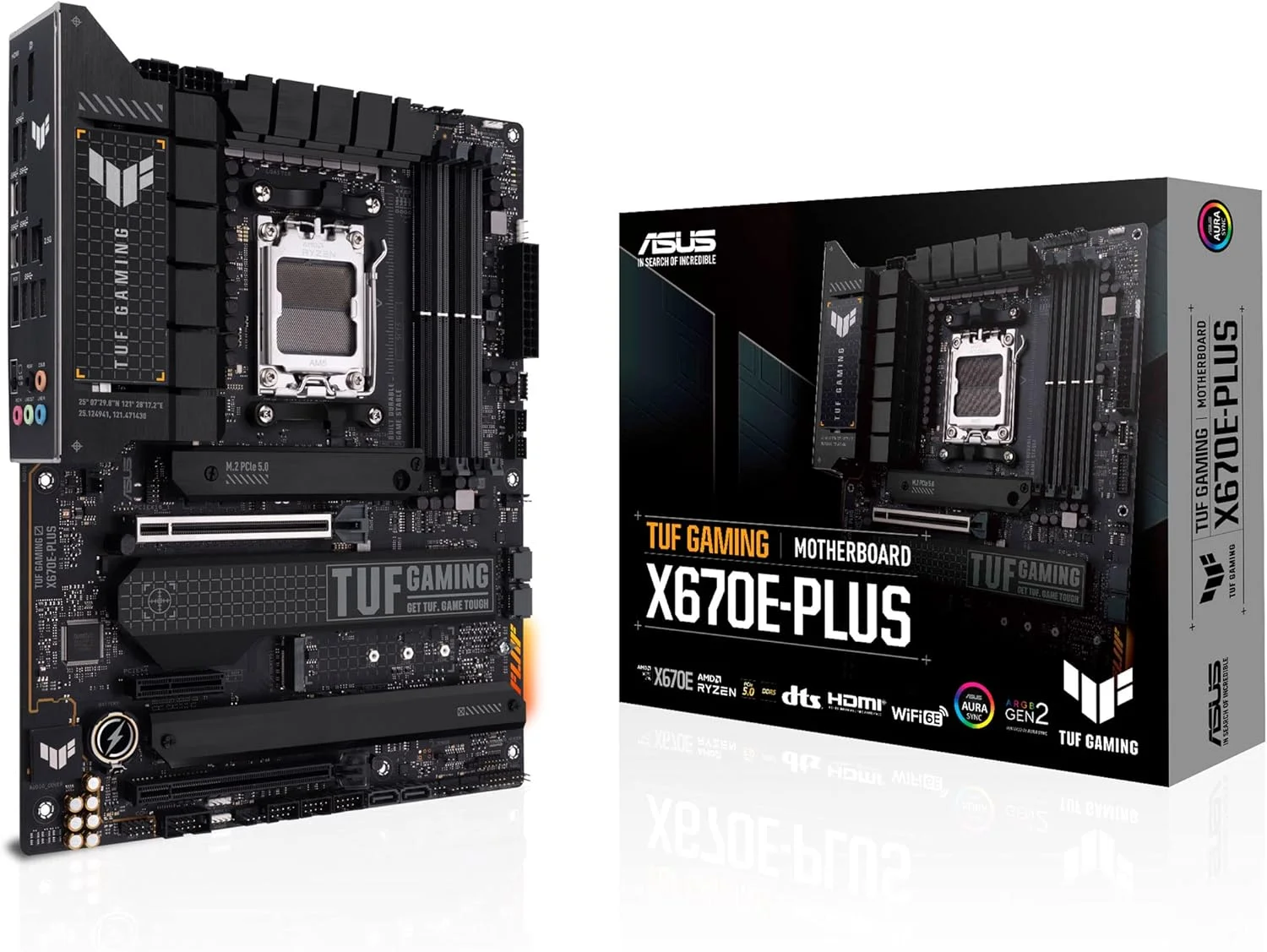 مادربرد ایسوس TUF Gaming X670E-PLUS AMD Ryzen ¢ AM5 ATX، دارای 16 مرحله قدرت، PCIe® 5.0، حافظه DDR5، چهار اسلات M.2، اترنت 2.5 گیگابیتی، هدر USB4 و Aura Sync