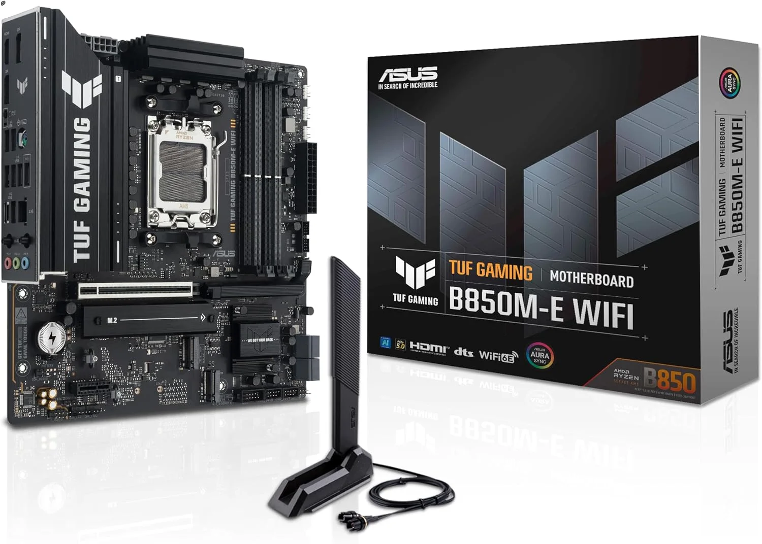 مادربرد گیمینگ ایسوس TUF B850M-E Wi-Fi AMD Micro-ATX، دارای 8+2+1 مرحله قدرت، DDR5، اسلات های PCIe 5.0، 3 اسلات M.2، Wi-Fi 6E، اترنت Realtek 2.5 Gb، USB-C 10 Gbps، BIOS Flashback و Aura Sync