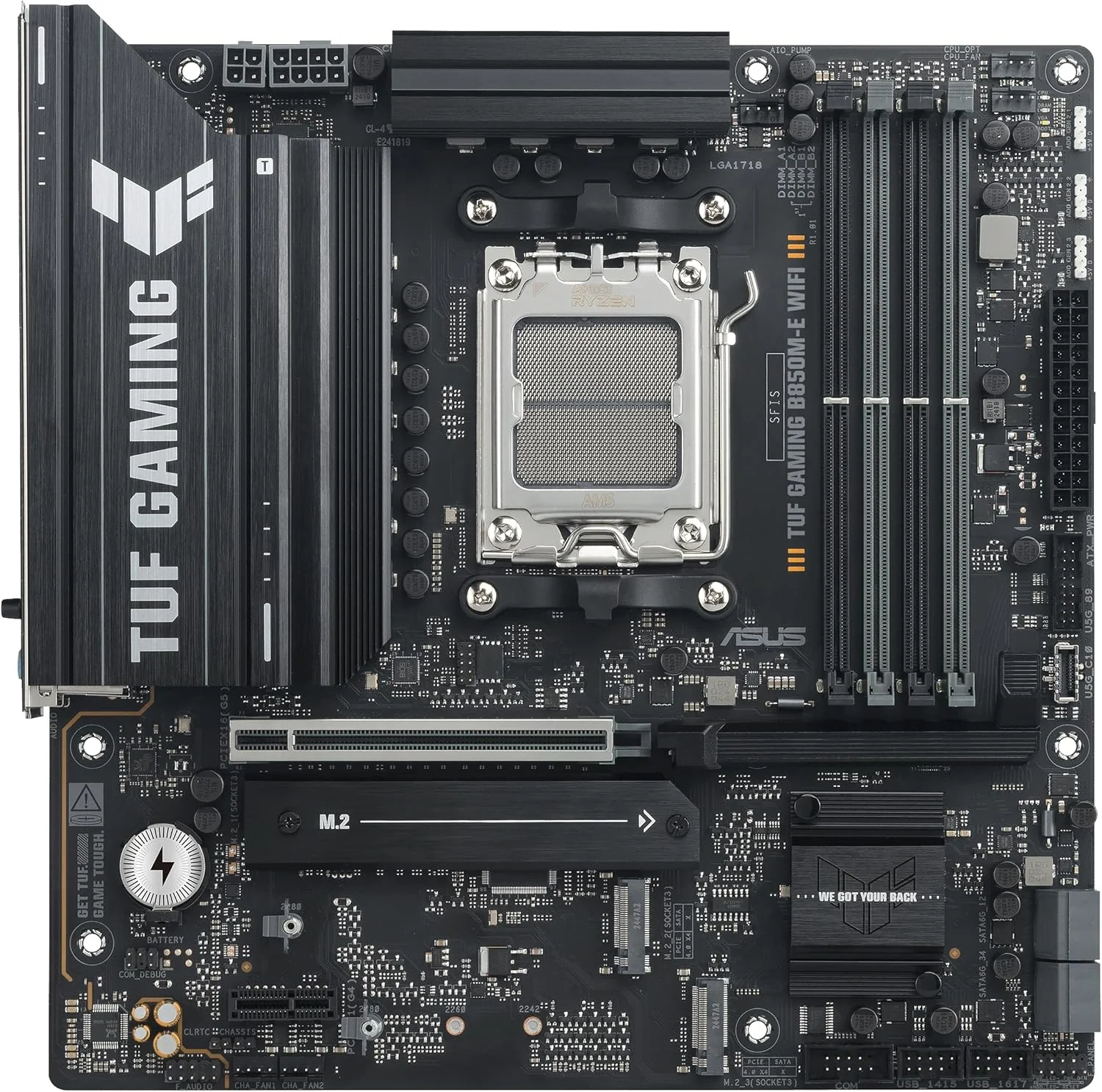مادربرد گیمینگ ایسوس TUF B850M-E Wi-Fi AMD Micro-ATX، دارای 8+2+1 مرحله قدرت، DDR5، اسلات های PCIe 5.0، 3 اسلات M.2، Wi-Fi 6E، اترنت Realtek 2.5 Gb، USB-C 10 Gbps، BIOS Flashback و Aura Sync مادربرد گیمینگ ایسوس TUF B850M-E Wi-Fi AMD Micro-ATX، دارای 8+2+1 مرحله قدرت، DDR5، اسلات های PCIe 5.0، 3 اسلات M.2، Wi-Fi 6E، اترنت Realtek 2.5 Gb، USB-C 10 Gbps، BIOS Flashback و Aura Sync
