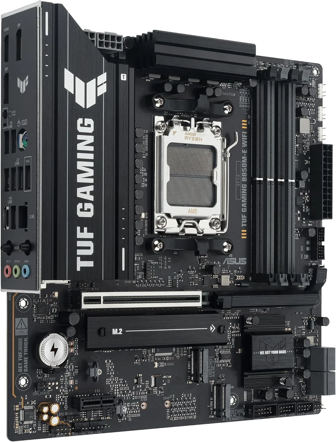 مادربرد گیمینگ ایسوس TUF B850M-E Wi-Fi AMD Micro-ATX، دارای 8+2+1 مرحله قدرت، DDR5، اسلات های PCIe 5.0، 3 اسلات M.2، Wi-Fi 6E، اترنت Realtek 2.5 Gb، USB-C 10 Gbps، BIOS Flashback و Aura Sync مادربرد گیمینگ ایسوس TUF B850M-E Wi-Fi AMD Micro-ATX، دارای 8+2+1 مرحله قدرت، DDR5، اسلات های PCIe 5.0، 3 اسلات M.2، Wi-Fi 6E، اترنت Realtek 2.5 Gb، USB-C 10 Gbps، BIOS Flashback و Aura Sync
