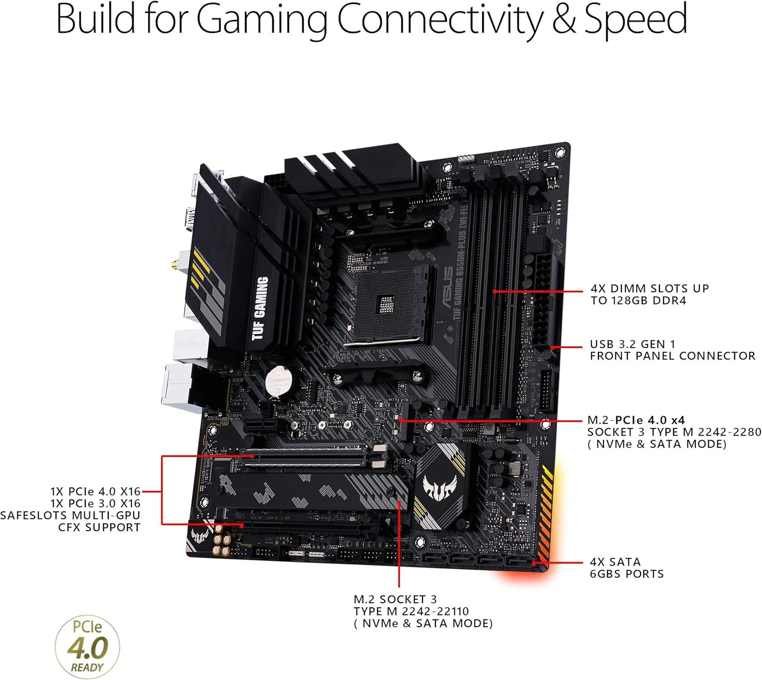 مادربرد ایسوس (بازسازی شده) TUF Gaming B550M-PLUS (WiFi 6) AM4 mATX، PCIe 4.0، LAN 2.5Gb، USB 3.2 Gen 2، Aura Sync RGB