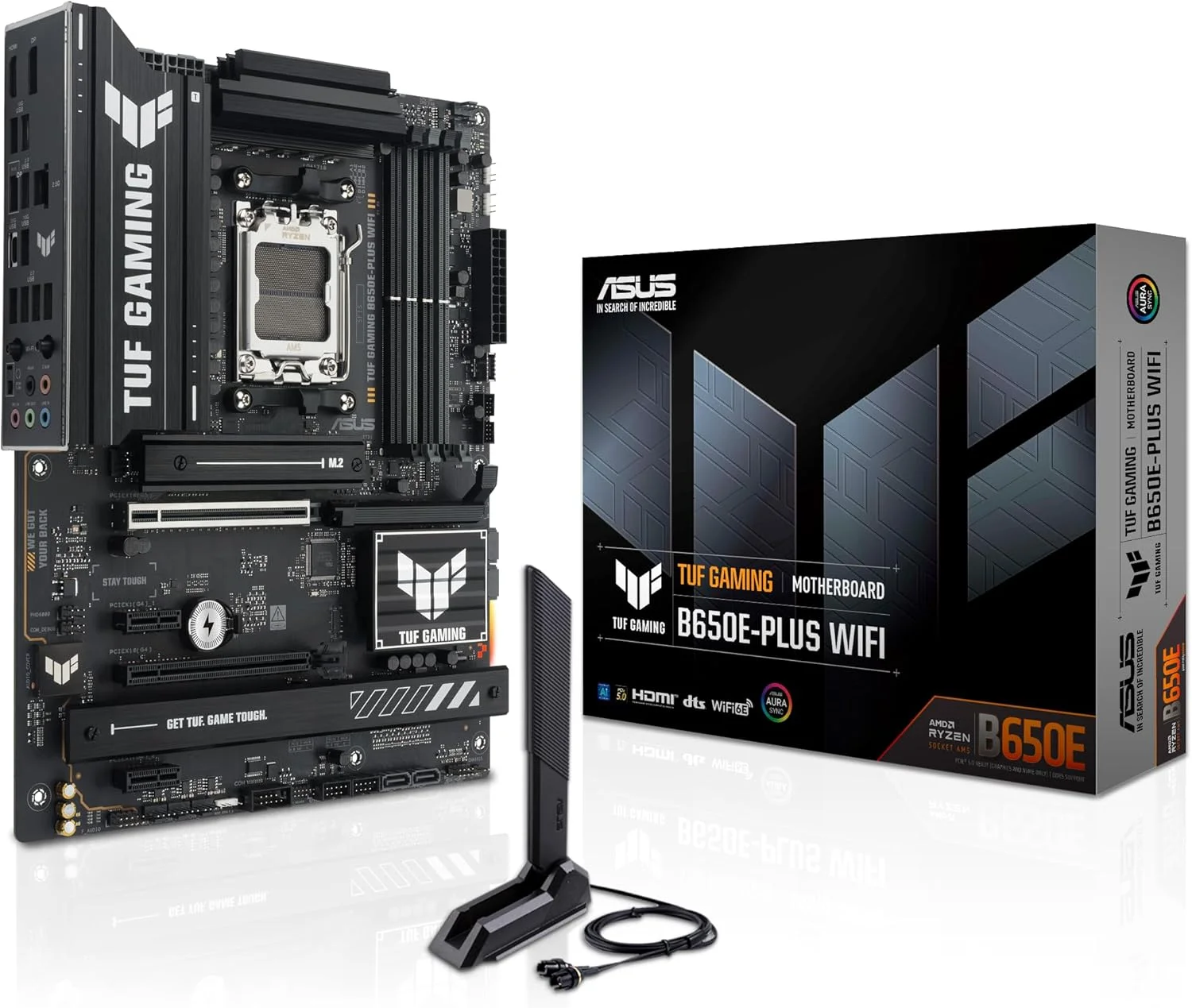 مادربرد ایسوس TUF Gaming B650E-PLUS WiFi AMD B650 ATX، دارای 12+2+1 فاز قدرت 80A DrMOS، DDR5، آماده PCIe 5.0، 3X M.2، Wi-Fi 6E، LAN 2.5Gb، DisplayPort، HDMI™، USB Type-C، BIOS Flashback، Aura Sync