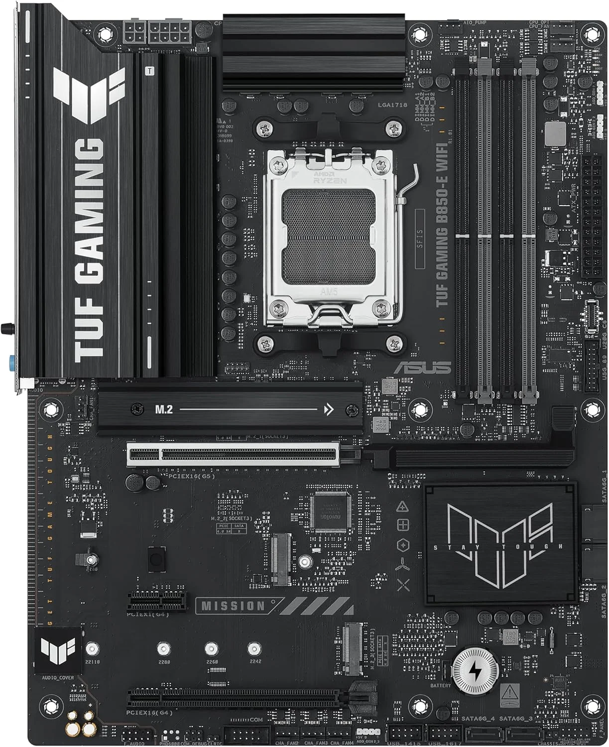 مادربرد ASUS TUF GAMING B850-E WIFI AMD AM5 B850 ATX، DDR5، آماده PCIe 5.0، اسلات M.2 x3، Wi-Fi 6E، اترنت 2.5 گیگابیتی، DisplayPort، HDMI، USB 20Gbps Type-C، USB 10Gbps Type-C، BIOS FlashBack، AuraSync