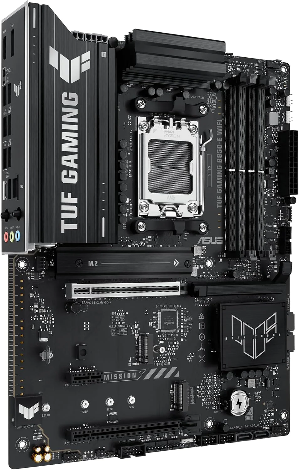 مادربرد ASUS TUF GAMING B850-E WIFI AMD AM5 B850 ATX، DDR5، آماده PCIe 5.0، اسلات M.2 x3، Wi-Fi 6E، اترنت 2.5 گیگابیتی، DisplayPort، HDMI، USB 20Gbps Type-C، USB 10Gbps Type-C، BIOS FlashBack، AuraSync