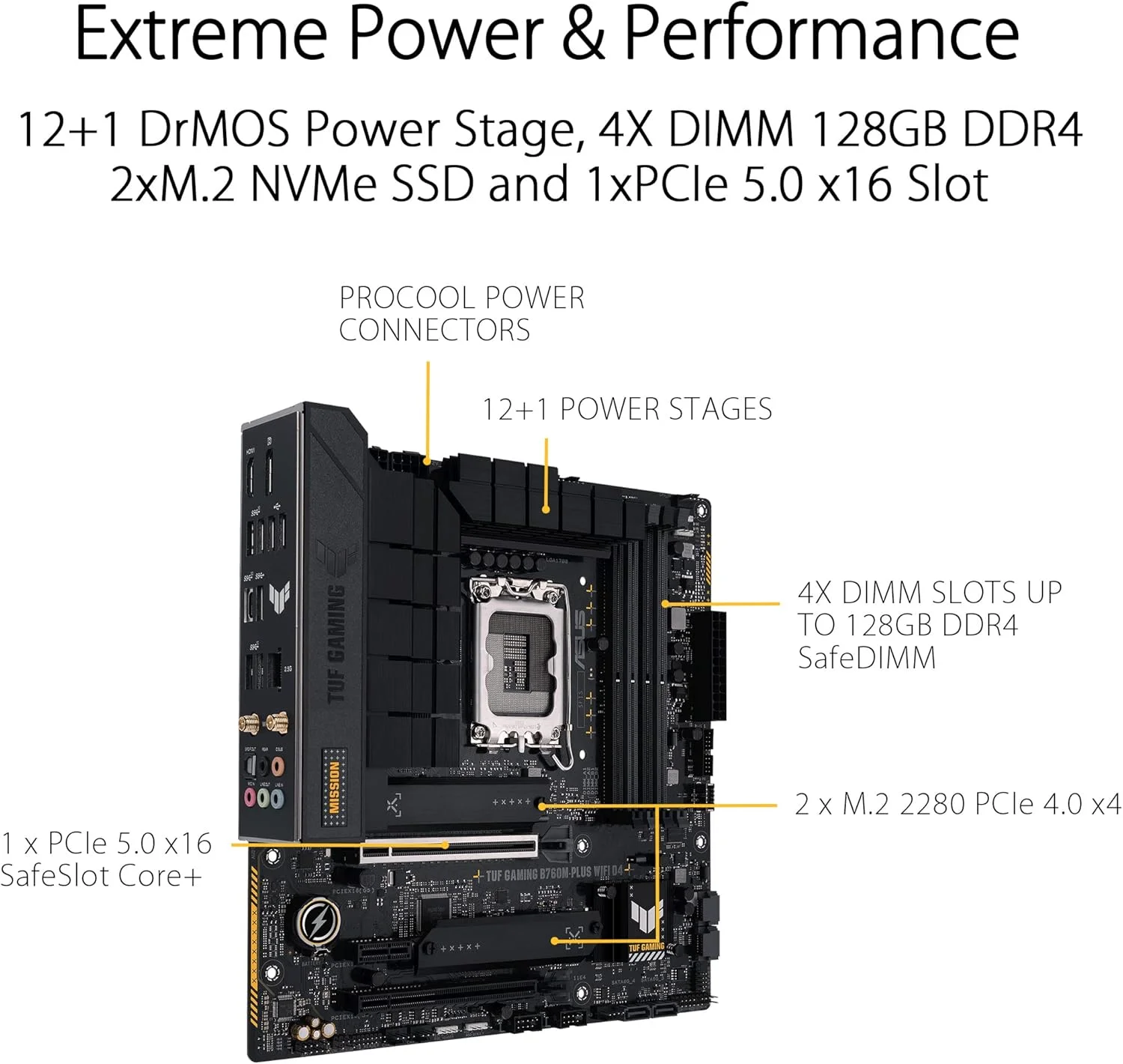 مادربرد ایسوس TUF GAMING B760M-PLUS WIFI D4 اینتل (نسل سیزدهم و دوازدهم) LGA 1700 mATX، PCIe 5.0، 2xPCIe 4.0 M.2 slots، DDR4، WiFi 6، 2.5Gb LAN، USB 3.2 Gen 2x2 Type-C، USB 3.2 Type-C جلویی، تاندربولت (USB4®)
