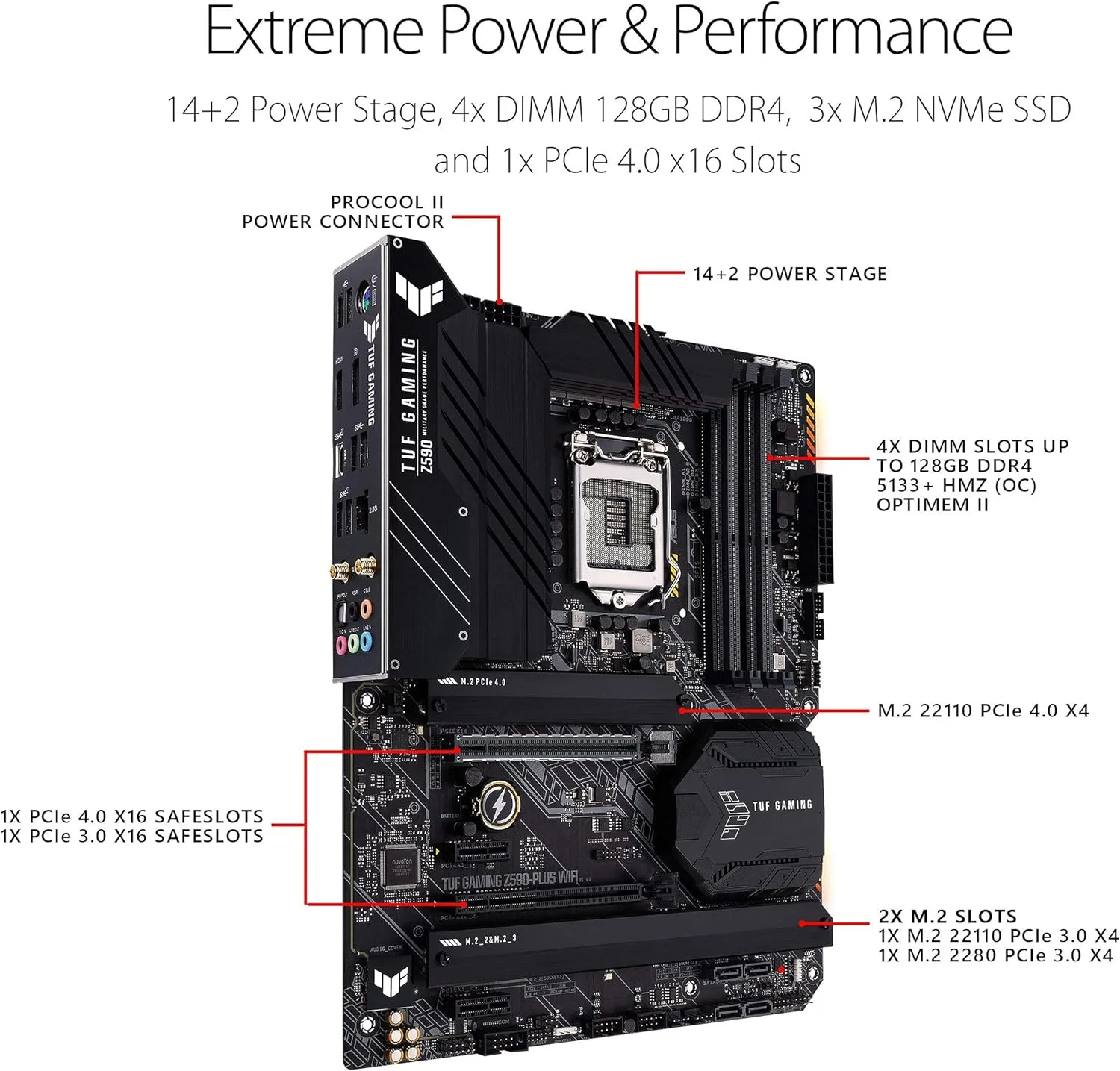 مادربرد گیمینگ ایسوس TUF Gaming Z590-Plus WiFi 6 LGA 1200 (نسل 11/10 اینتل) ATX (PCIe 4.0، 3xM.2/NVMe SSD، 14+2 Power Stages، USB 3.2 Front Panel Type-C، 2.5Gb LAN، Thunderbolt 4، Aura RGB) مادربرد گیمینگ ایسوس TUF Gaming Z590-Plus WiFi 6 LGA 1200 (نسل 11/10 اینتل) ATX (PCIe 4.0، 3xM.2/NVMe SSD، 14+2 Power Stages، USB 3.2 Front Panel Type-C، 2.5Gb LAN، Thunderbolt 4، Aura RGB)