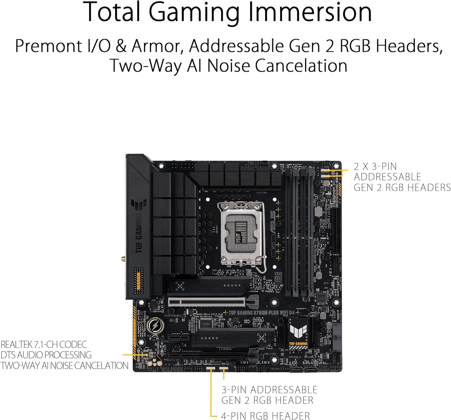 مادربرد ایسوس TUF GAMING B760M-PLUS WIFI D4 اینتل (نسل سیزدهم و دوازدهم) LGA 1700 mATX، PCIe 5.0، 2xPCIe 4.0 M.2 slots، DDR4، WiFi 6، 2.5Gb LAN، USB 3.2 Gen 2x2 Type-C، USB 3.2 Type-C جلویی، تاندربولت (USB4®)