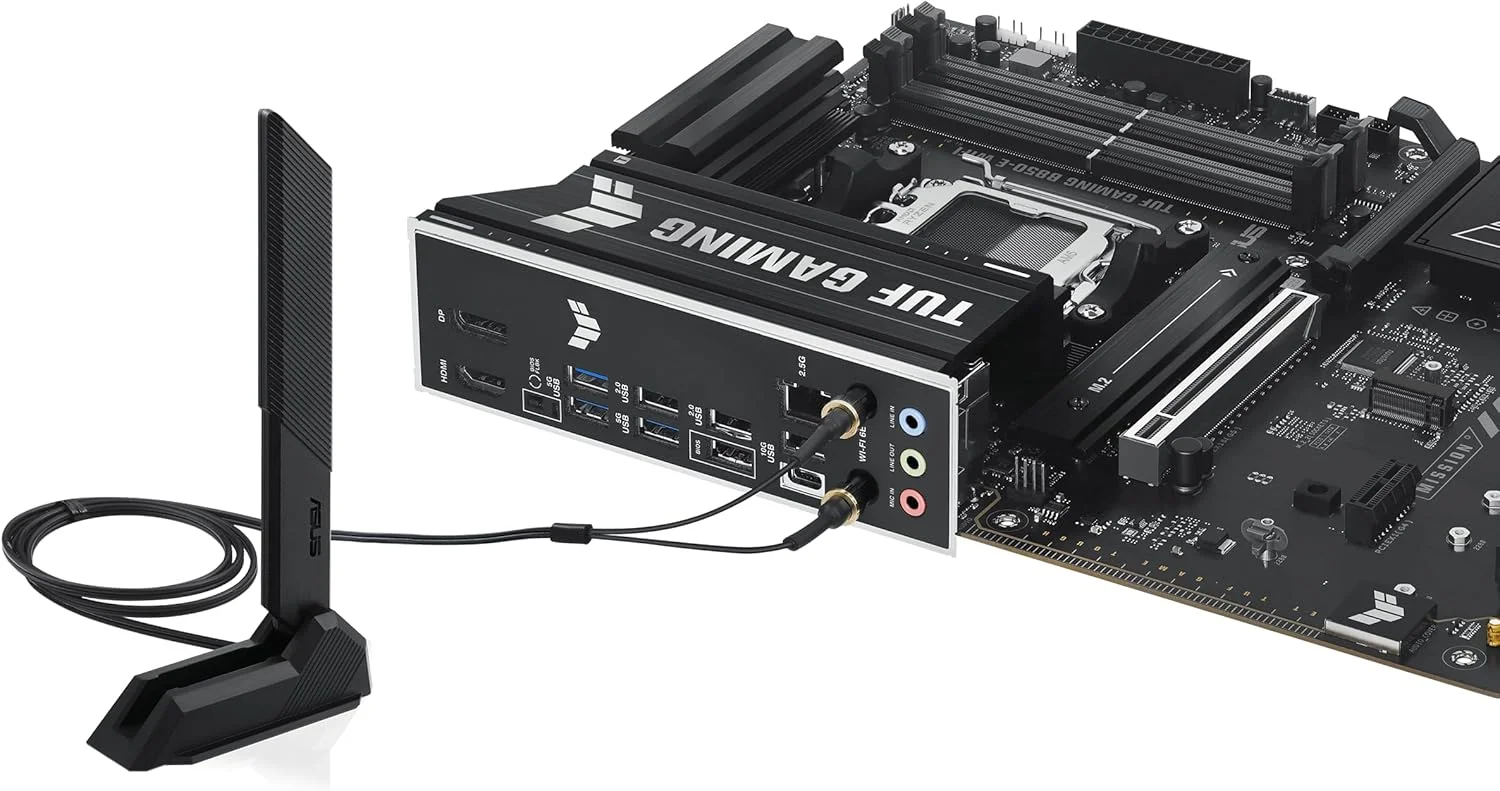 مادربرد ASUS TUF GAMING B850-E WIFI AMD AM5 B850 ATX، DDR5، آماده PCIe 5.0، اسلات M.2 x3، Wi-Fi 6E، اترنت 2.5 گیگابیتی، DisplayPort، HDMI، USB 20Gbps Type-C، USB 10Gbps Type-C، BIOS FlashBack، AuraSync