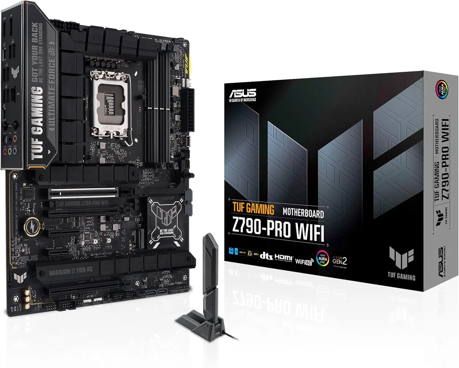 مادربرد ایسوس TUF GAMING Z790-PRO WIFI اینتل Z790 LGA 1700، ATX DDR5، PCIe 5.0، 4 اسلات M.2، اترنت اینتل 2.5 گیگابیتی، Wi-Fi 6E، HDMI، DP، USB Type-C، Thunderbolt 4، AEMPII، اورکلاک هوش مصنوعی، Aura Sync