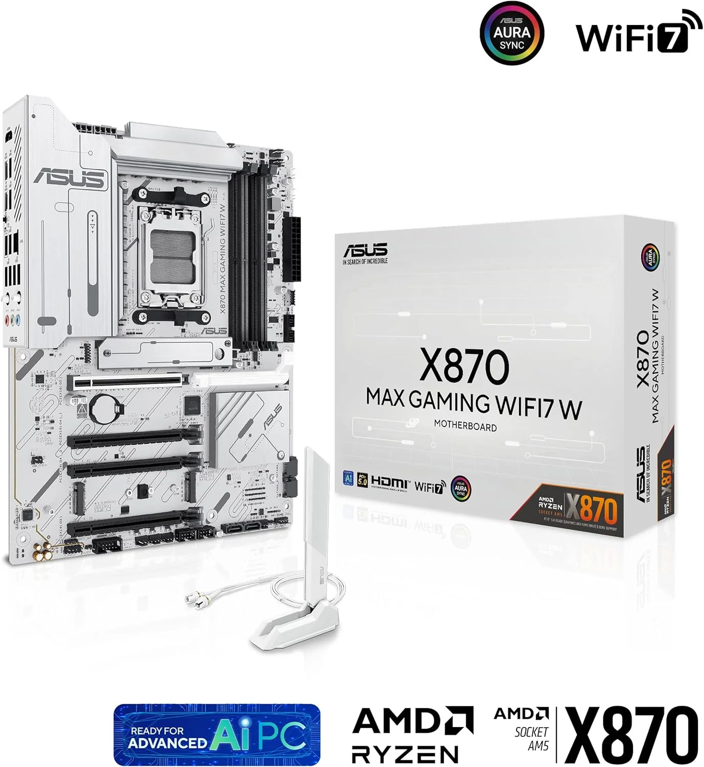 مادربرد ایسوس ASUS X870 MAX GAMING WIFI7W، AMD ATX، دارای 12+2+1 فاز قدرت، اسلات DDR5، سه اسلات M.2، PCIe 5.0، WiFi 7 با Q-Antenna، اترنت Realtek 2.5Gb، HDMI، USB4 با USB-C، Aura Sync