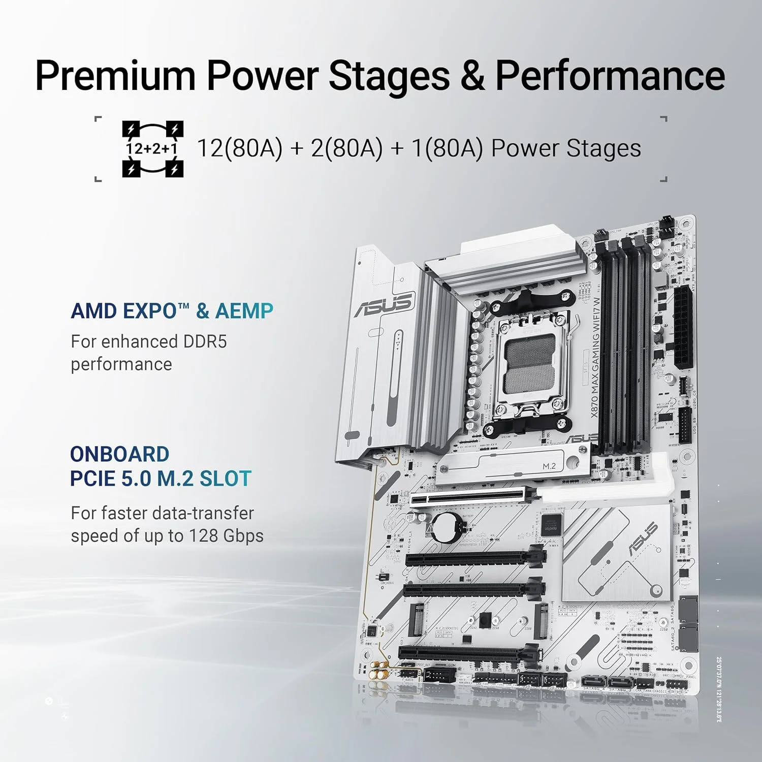 مادربرد ایسوس ASUS X870 MAX GAMING WIFI7W، AMD ATX، دارای 12+2+1 فاز قدرت، اسلات DDR5، سه اسلات M.2، PCIe 5.0، WiFi 7 با Q-Antenna، اترنت Realtek 2.5Gb، HDMI، USB4 با USB-C، Aura Sync