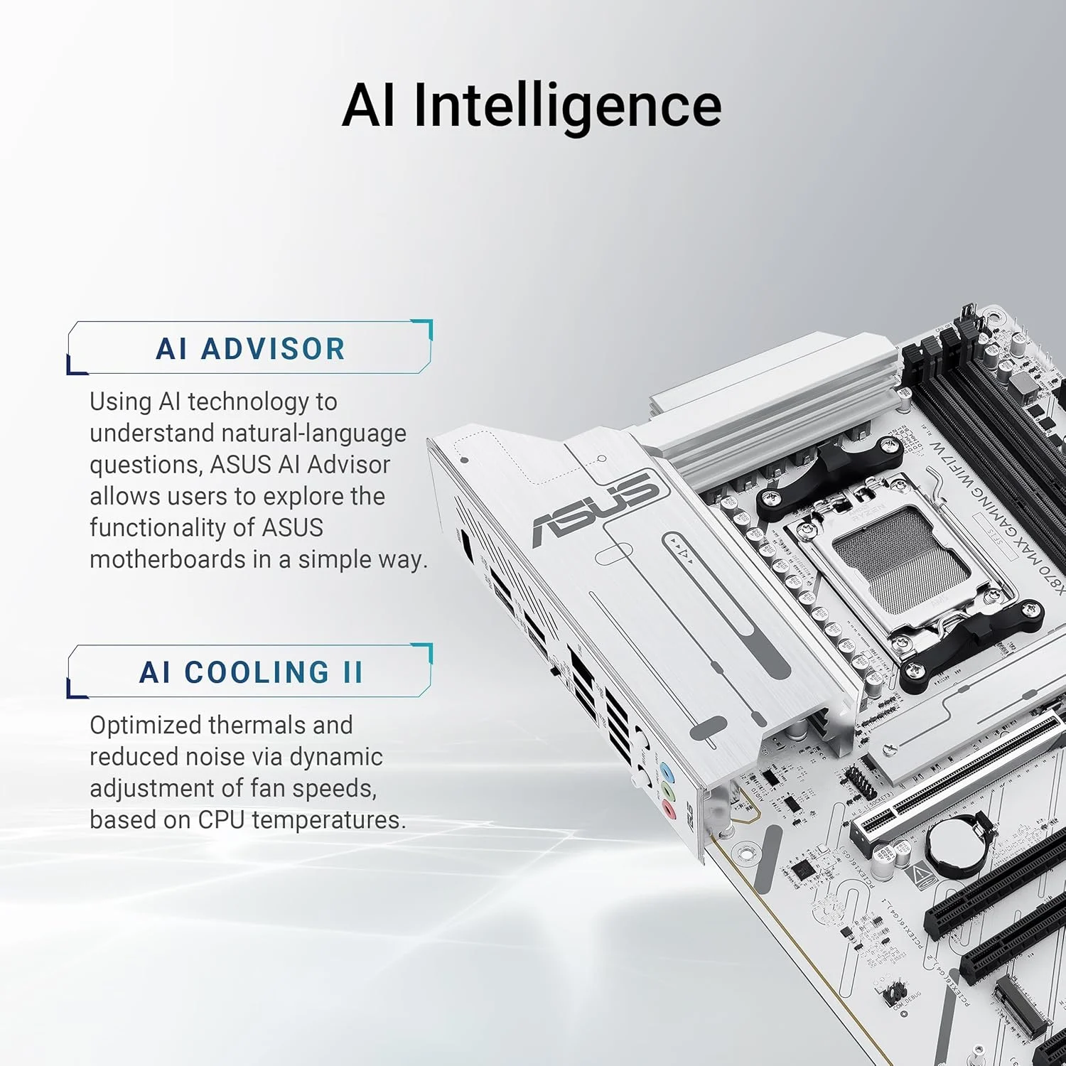 مادربرد ایسوس ASUS X870 MAX GAMING WIFI7W، AMD ATX، دارای 12+2+1 فاز قدرت، اسلات DDR5، سه اسلات M.2، PCIe 5.0، WiFi 7 با Q-Antenna، اترنت Realtek 2.5Gb، HDMI، USB4 با USB-C، Aura Sync