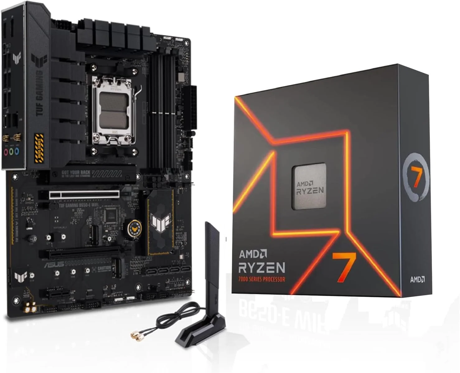 بسته پردازنده AMD Ryzen 7 7700X اینلند میکرو سنتر با مادربرد ASUS TUF Gaming B650-E WiFi AMD B650 AM5 ATX، DDR5، 8+2 مراحل قدرت تیمی، PCIe 5.0، WiFi 6E