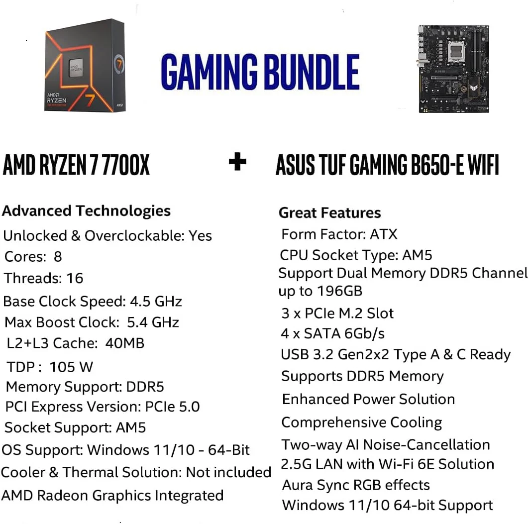 بسته پردازنده AMD Ryzen 7 7700X اینلند میکرو سنتر با مادربرد ASUS TUF Gaming B650-E WiFi AMD B650 AM5 ATX، DDR5، 8+2 مراحل قدرت تیمی، PCIe 5.0، WiFi 6E بسته پردازنده AMD Ryzen 7 7700X اینلند میکرو سنتر با مادربرد ASUS TUF Gaming B650-E WiFi AMD B650 AM5 ATX، DDR5، 8+2 مراحل قدرت تیمی، PCIe 5.0، WiFi 6E