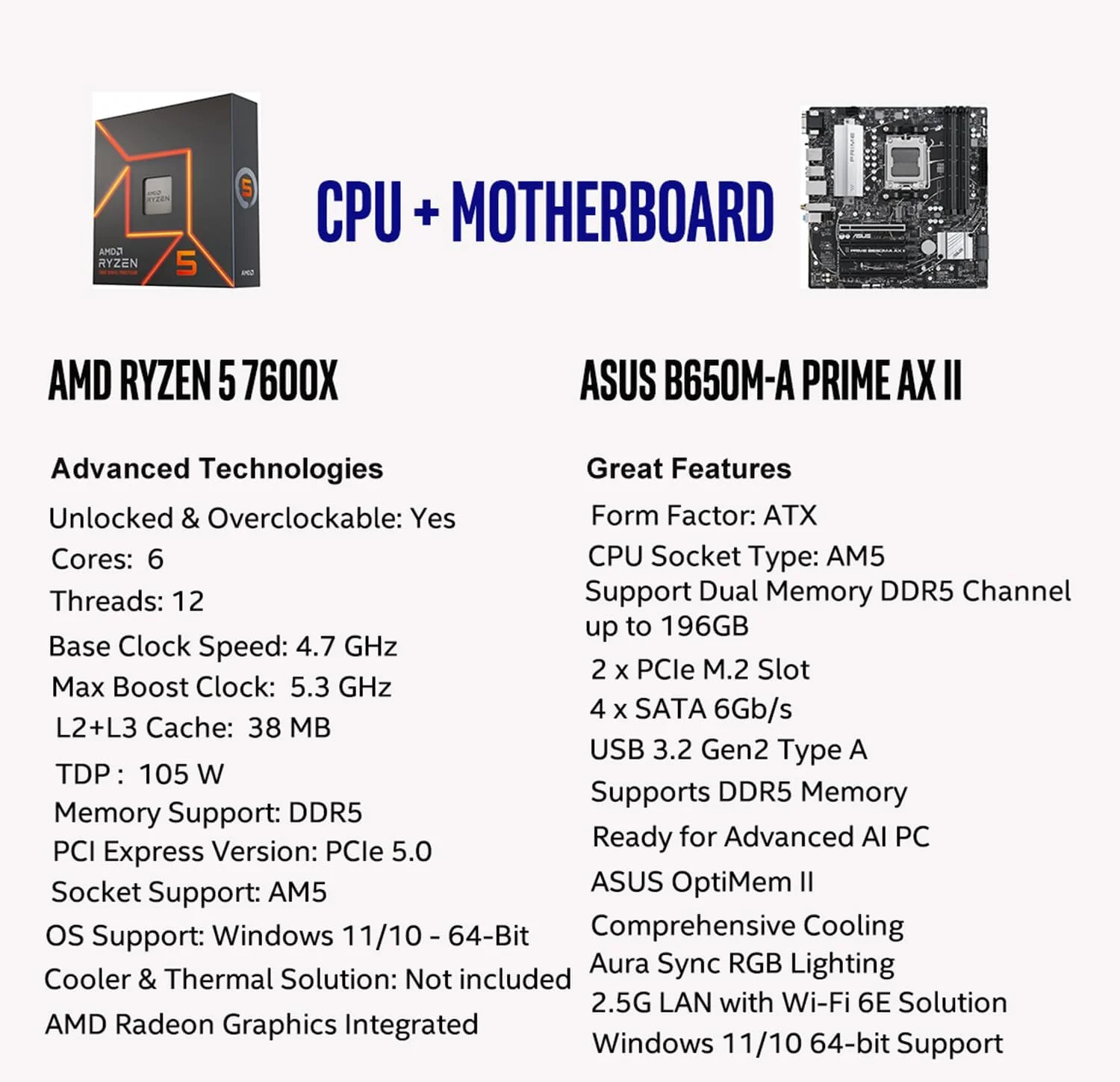 پردازنده مرکزی AMD Ryzen 5 7600X به همراه مادربرد ASUS Prime B650M-A AX II Micro ATX