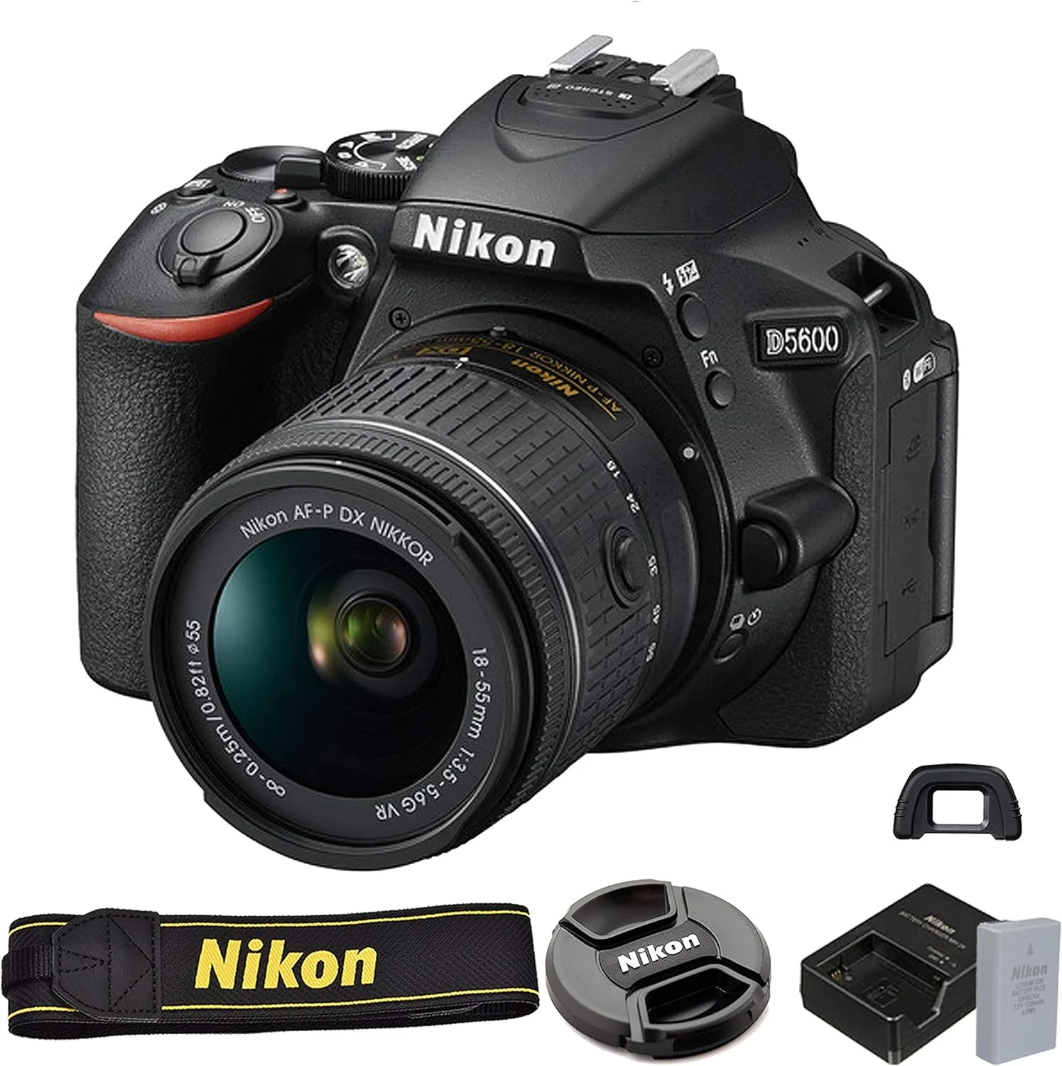 دوربین DSLR نیکون D5600 AONELAS با لنزهای 18-55mm VR و 70-300mm + کارت حافظه 128 گیگابایتی، سه پایه، فلاش و موارد دیگر (بسته 20 تکه ای)