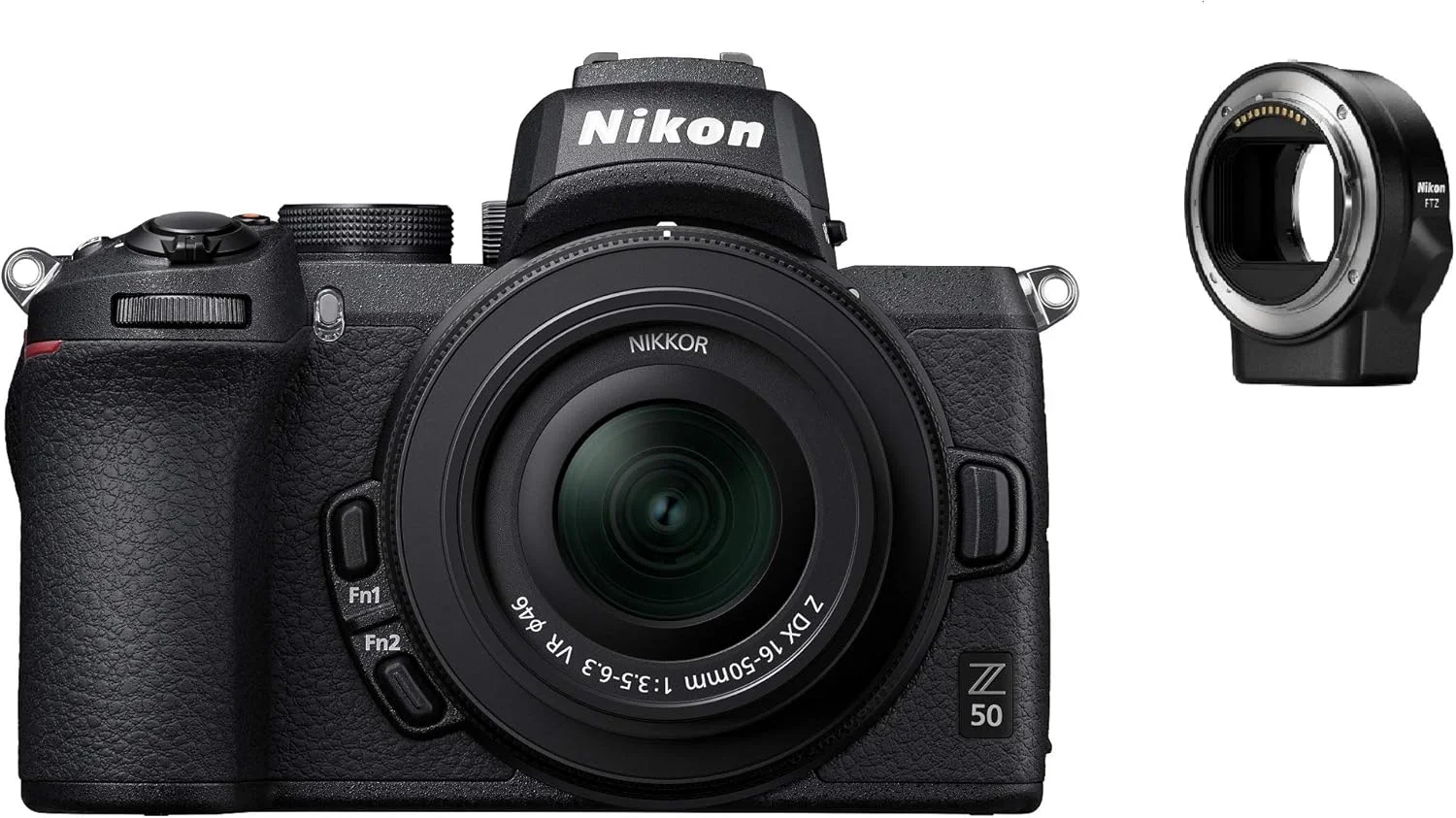 کیت دوربین بدون آینه نیکون Z50 + Z DX 16-50mm + FTZ (فوکوس خودکار هیبریدی 209 نقطه ای، پردازش تصویر با سرعت بالا، فیلم های 4K UHD، مانیتور LCD با وضوح بالا) VOA050K004
