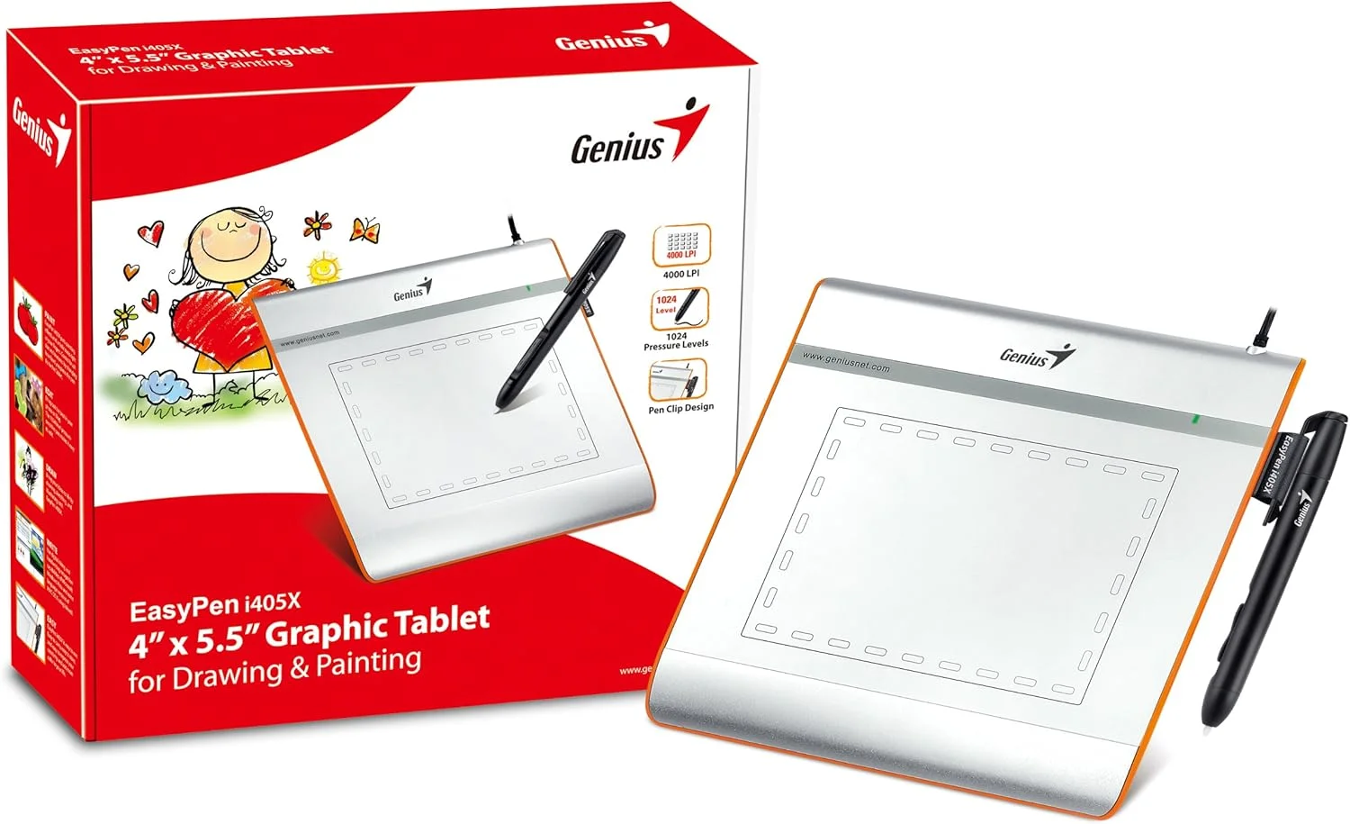 قلم نوری جنیوس EasyPen i405x USB با محدوده کاری 4x5 اینچ، قلم حساس به فشار بی سیم با 1024 سطح و 28 ناحیه قابل برنامه ریزی