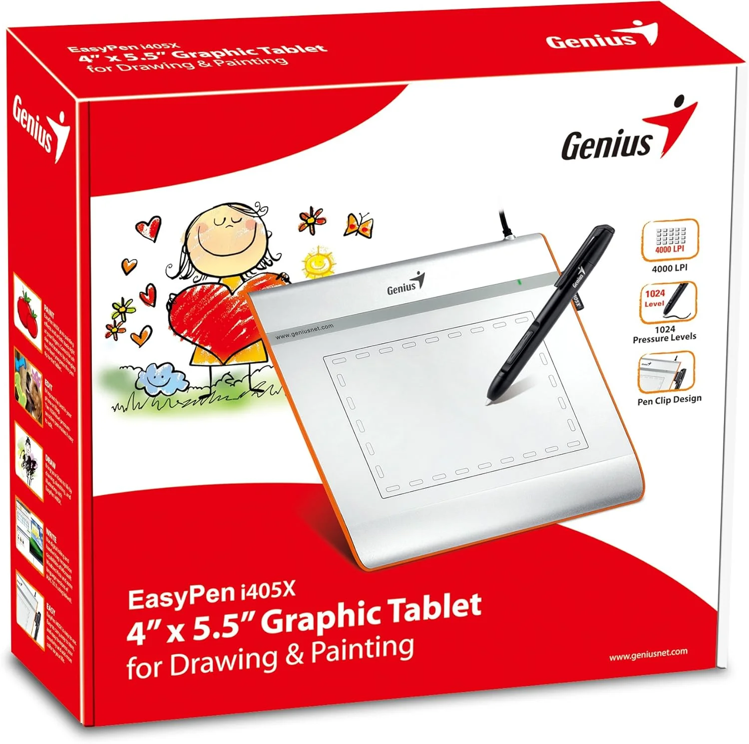قلم نوری جنیوس EasyPen i405x USB با محدوده کاری 4x5 اینچ، قلم حساس به فشار بی سیم با 1024 سطح و 28 ناحیه قابل برنامه ریزی
