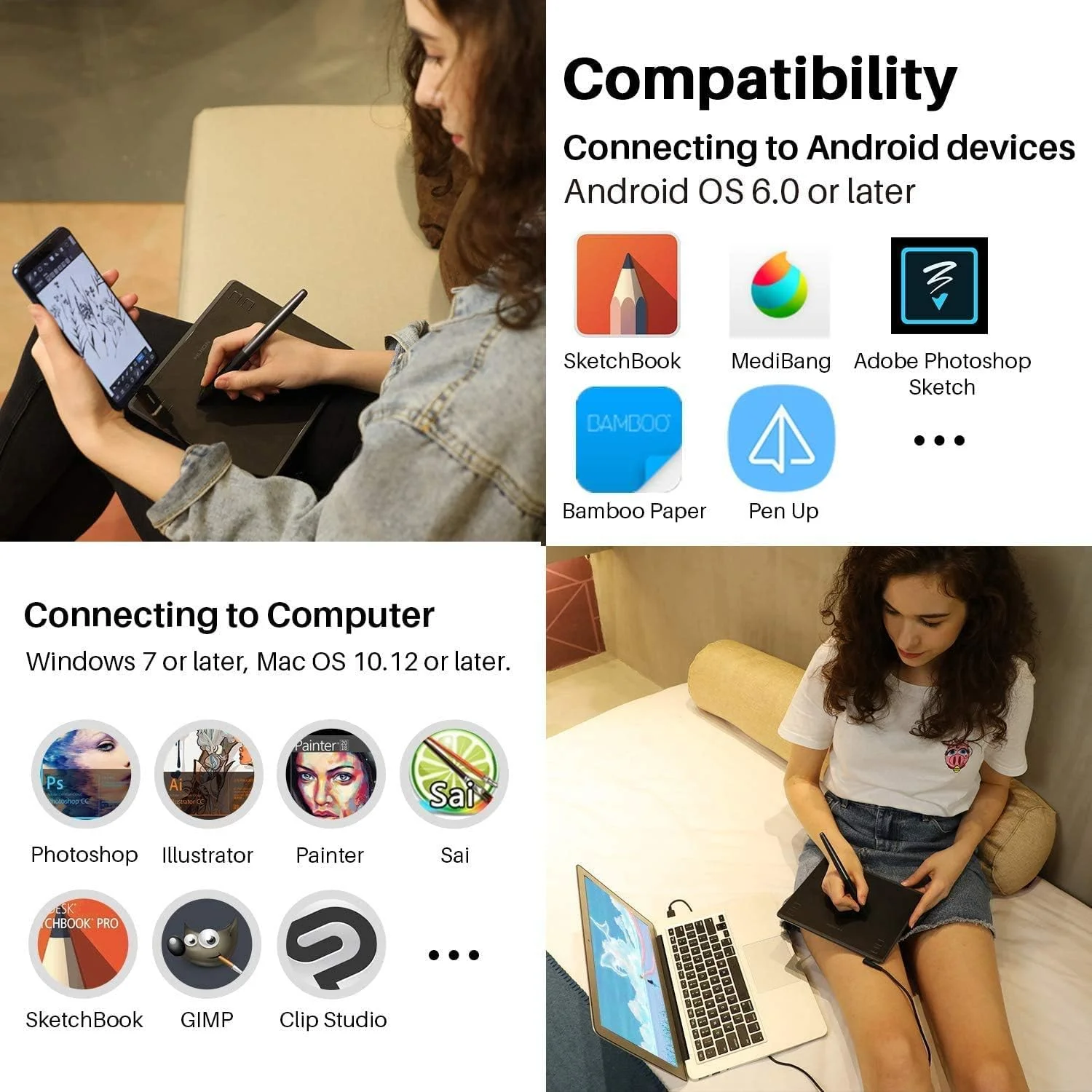 تبلت طراحی گرافیکی HUION HS64 با قلم بدون باتری، سازگار با اندروید، ویندوز و macOS با ناحیه کاری 6.3 x 4 اینچ، تبلت قلمی برای لینوکس، مک، ویندوز و اندروید
