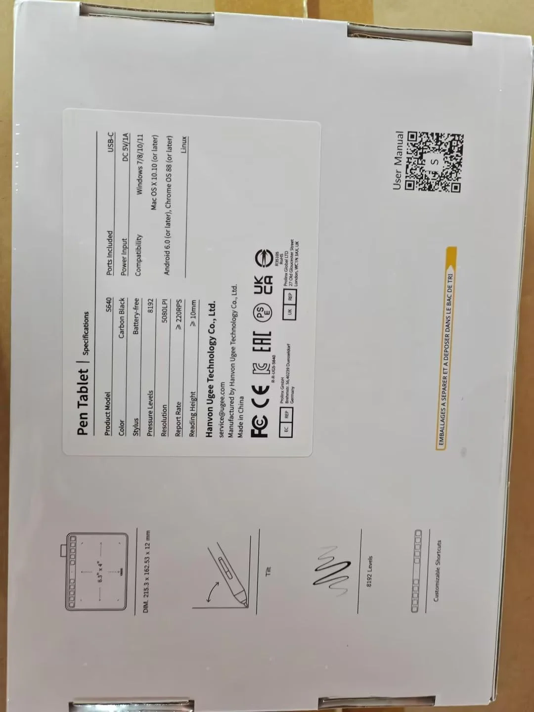 تبلت طراحی گرافیکی UGEE S640، پد طراحی دیجیتال با قلم بدون باتری، عملکرد شیب، 8192 سطح حساسیت به فشار، 10 کلید میانبر برای مک، ویندوز و اندروید