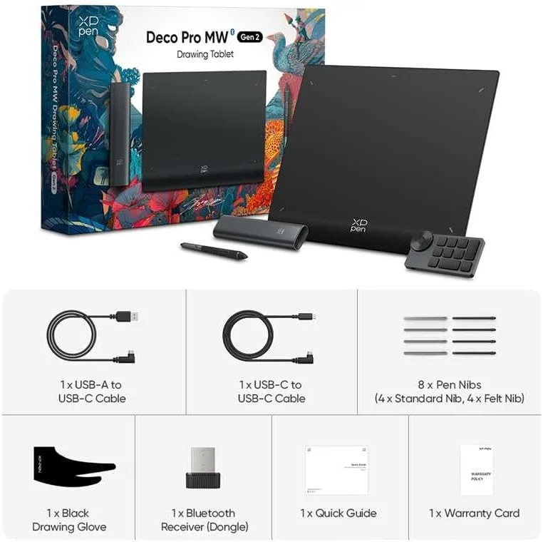 تبلت طراحی گرافیکی XP-PEN Deco Pro MW (نسل 2) بلوتوث با ریموت میانبر، قلم بدون باتری با پشتیبانی از 16K فشار (9" x 6")
