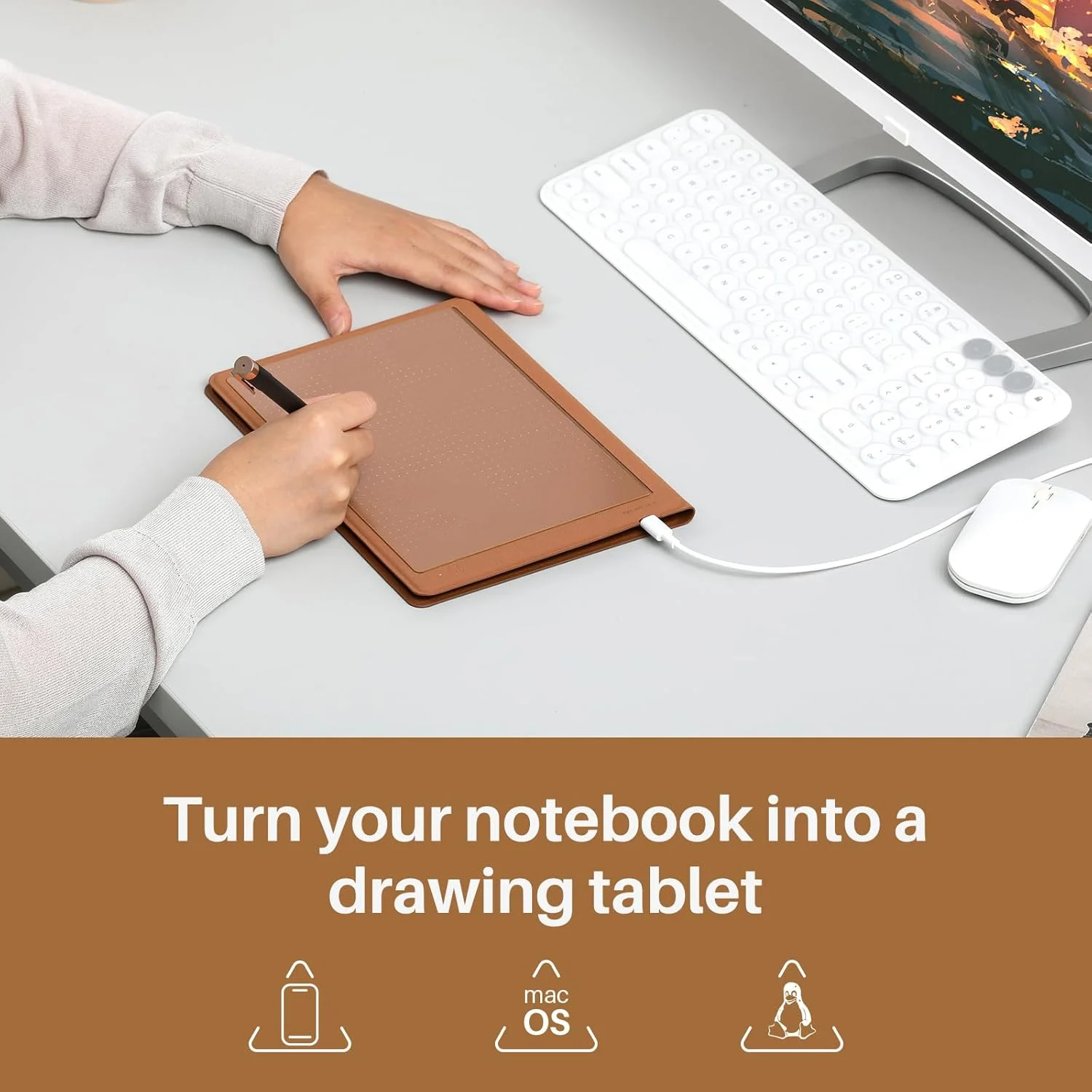 دفترچه یادداشت دیجیتال 2 در 1 Huion با قلم بدون باتری، تبلت کاغذی بی سیم بلوتوث، پد نوشتن الکترونیکی برای یادداشت برداری، هنر دیجیتال و جلسات، دفترچه یادداشت A5 قابل تعویض، 9.5x7 اینچ