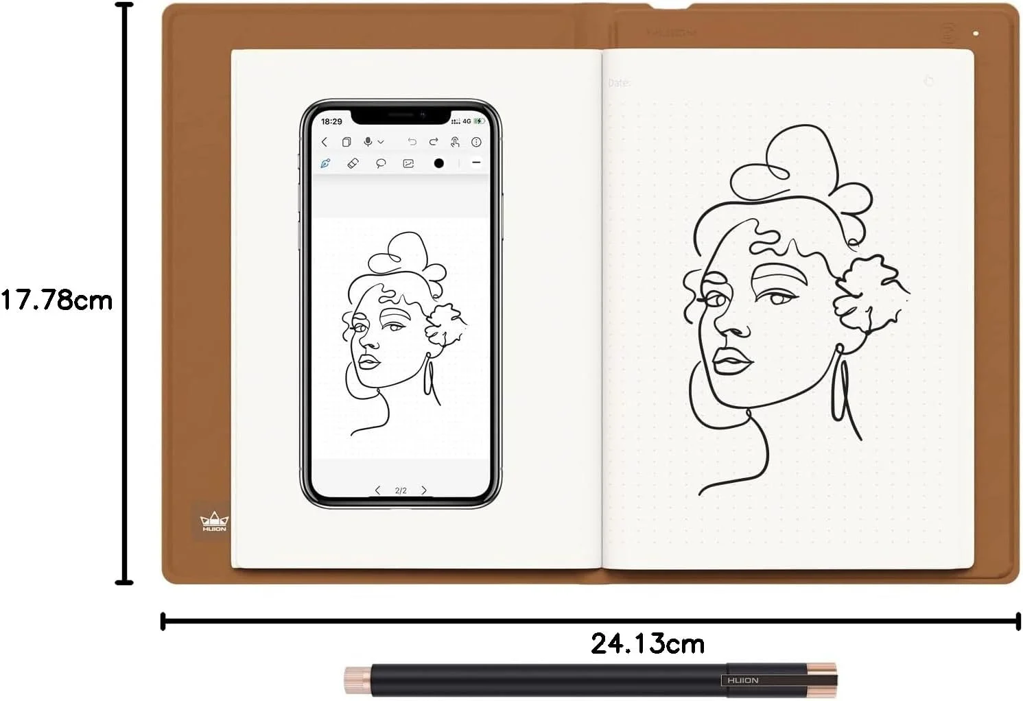 دفترچه یادداشت دیجیتال 2 در 1 Huion با قلم بدون باتری، تبلت کاغذی بی سیم بلوتوث، پد نوشتن الکترونیکی برای یادداشت برداری، هنر دیجیتال و جلسات، دفترچه یادداشت A5 قابل تعویض، 9.5x7 اینچ