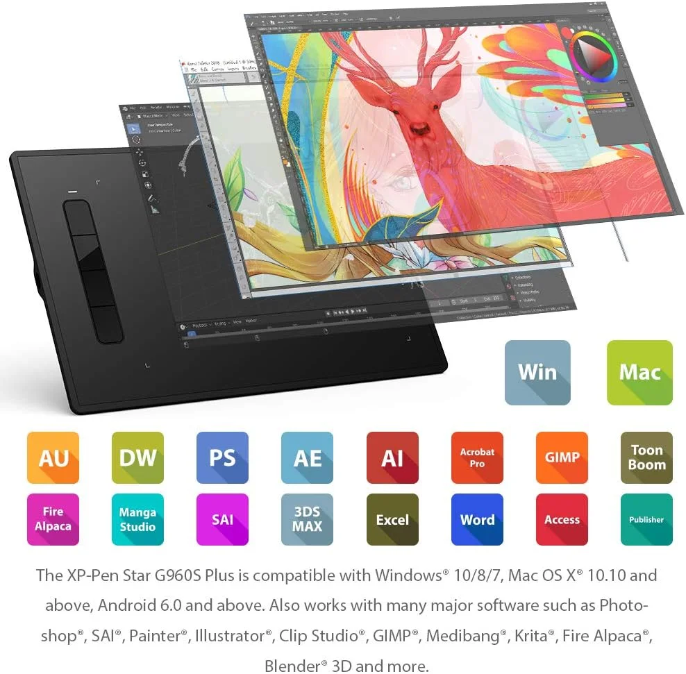 تبلت گرافیکی XP-PEN G960S Plus، قلم استایلوس 9 در 6 اینچ با 8192 سطح حساسیت به فشار، دارای پاک کن دیجیتال و قابلیت تشخیص زاویه 60 درجه، سازگار با ویندوز، مک و اندروید