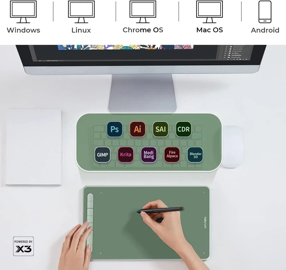 تبلت طراحی گرافیکی XP-PEN Deco L، تبلت قلم دیجیتال فوق العاده نازک با قلم تراشه هوشمند X3، عملکرد شیب قلم، 8 کلید میانبر، ناحیه کار 10x6 اینچ (سبز)