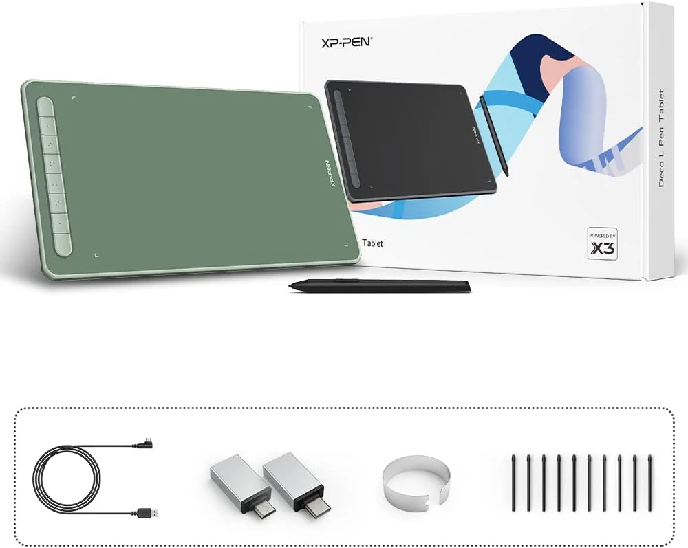 تبلت طراحی گرافیکی XP-PEN Deco L، تبلت قلم دیجیتال فوق العاده نازک با قلم تراشه هوشمند X3، عملکرد شیب قلم، 8 کلید میانبر، ناحیه کار 10x6 اینچ (سبز)