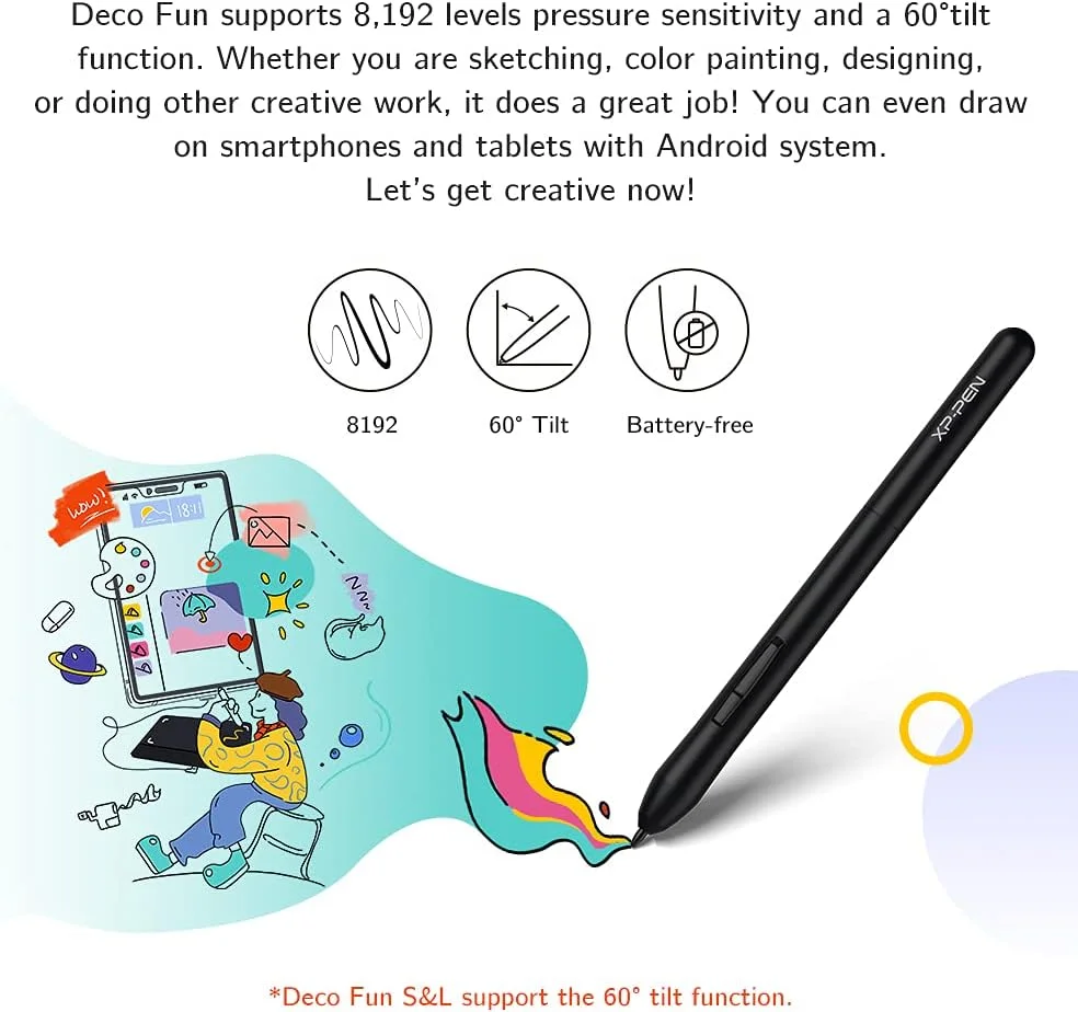 تبلت طراحی XP-PEN Deco Fun L با ابعاد 10x6 اینچ، تبلت هنری دیجیتال با پشتیبانی از Tilt، قلم بدون باتری برای طراحی دیجیتال، انیمیشن، آموزش آنلاین و کار از راه دور (مشکی)
