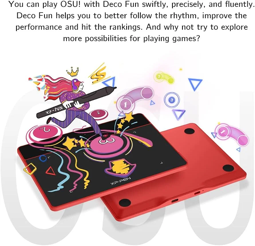 تبلت طراحی گرافیکی XP-PEN Deco Fun XS OSU، تبلت قلمی 4x3 اینچی با قلم بدون باتری (قرمز)