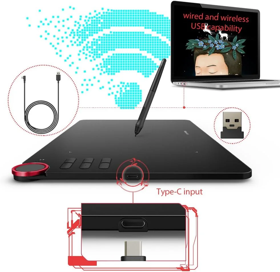 تبلت گرافیکی XP-PEN DECO03 با 8192 سطح حساسیت به فشار، دارای چرخ و قلم استایلوس پسیو - تبلت طراحی بی سیم/بلوتوث