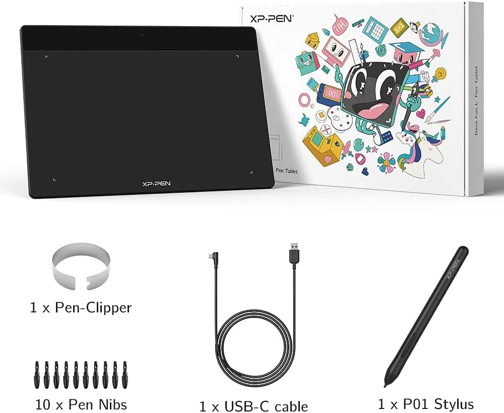 تبلت طراحی XP-PEN Deco Fun L با ابعاد 10x6 اینچ، تبلت هنری دیجیتال با پشتیبانی از Tilt، قلم بدون باتری برای طراحی دیجیتال، انیمیشن، آموزش آنلاین و کار از راه دور (مشکی)